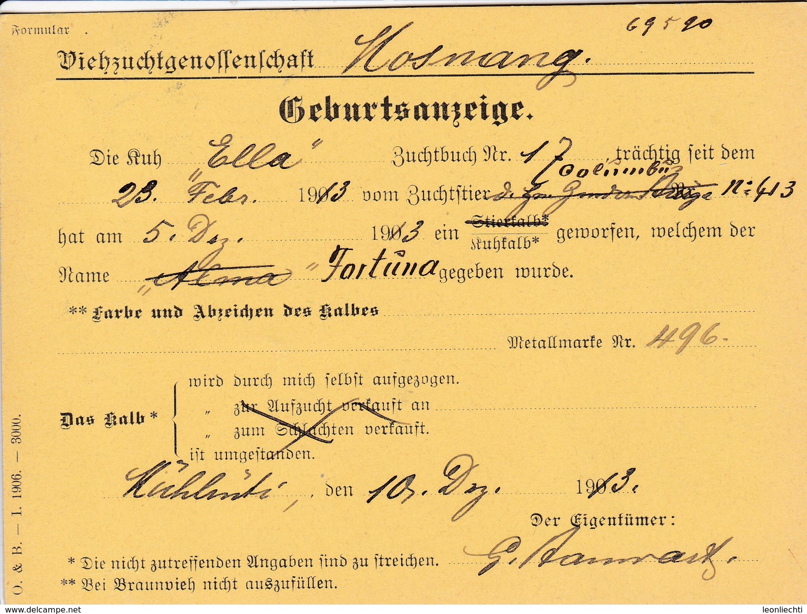 1913 Geburtsanzeige Viehzuchtgenossenschaft Gelaufen Von Muhlrüti Nach Mosnang. Mi:113xIII Tellknabe - Lettres & Documents