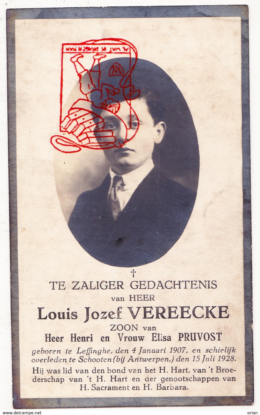 DP Foto Louis J. Vereecke / Pruvost ° Leffinge Middelkerke 1907 † Schoten 1928 - Images Religieuses