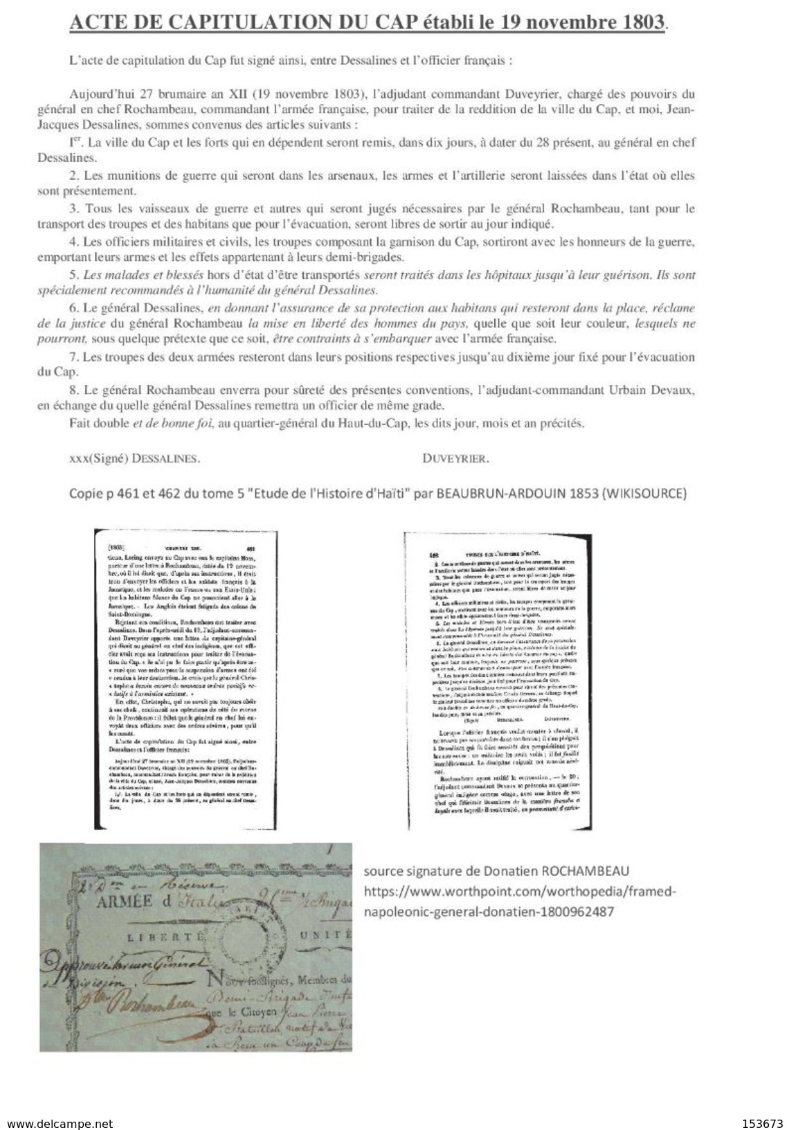 Copie acte capitulation du Cap (HAITI) signé le 27 Brumaire An XII (1803) entre le général DUVEYRIER et J.J. DESPALINES