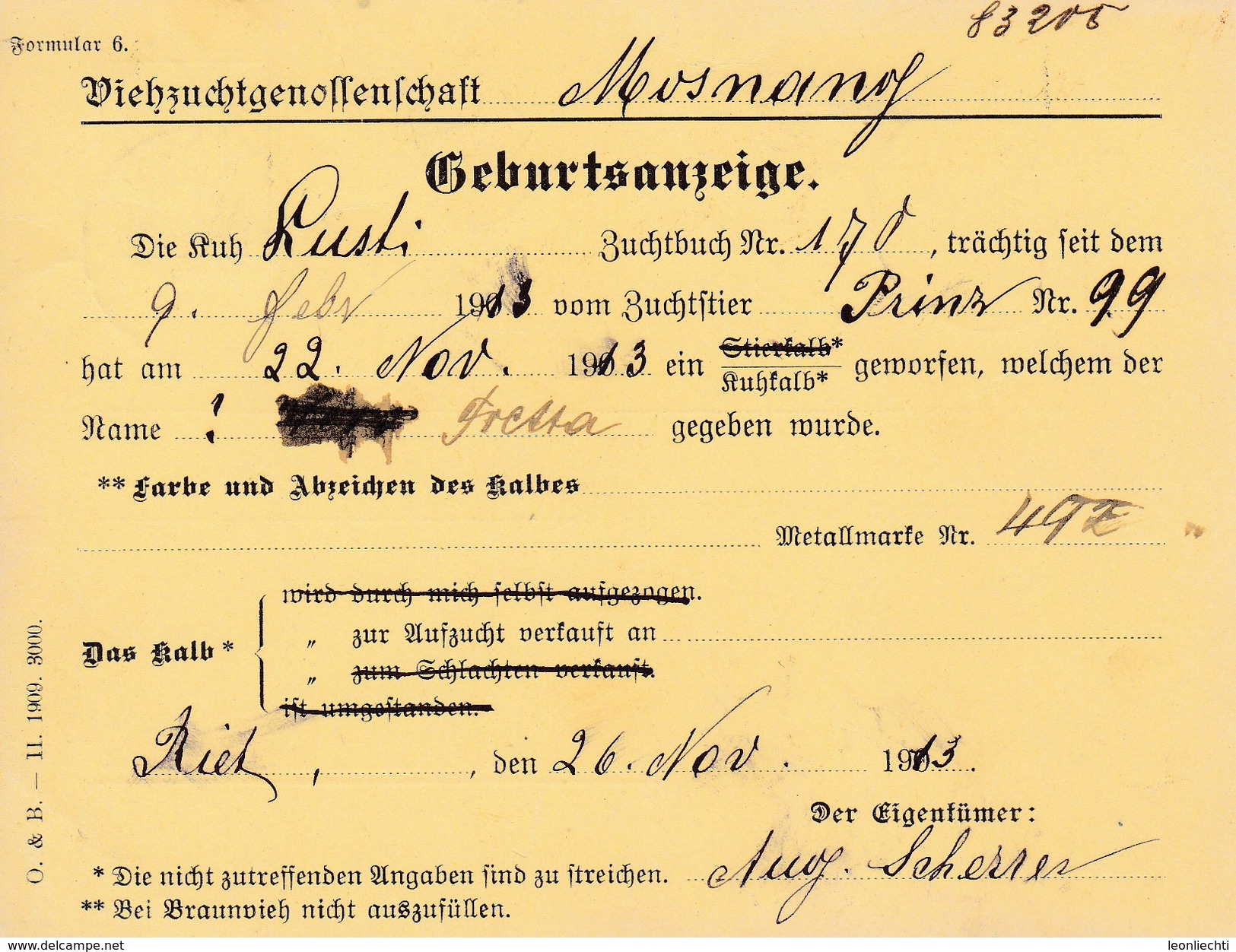 1913 Geburtsanzeige Viehzuchtgenossenschaft Gelaufen Von Dreien Nach Monsang Mi:113 III   TellKnabe - Lettres & Documents