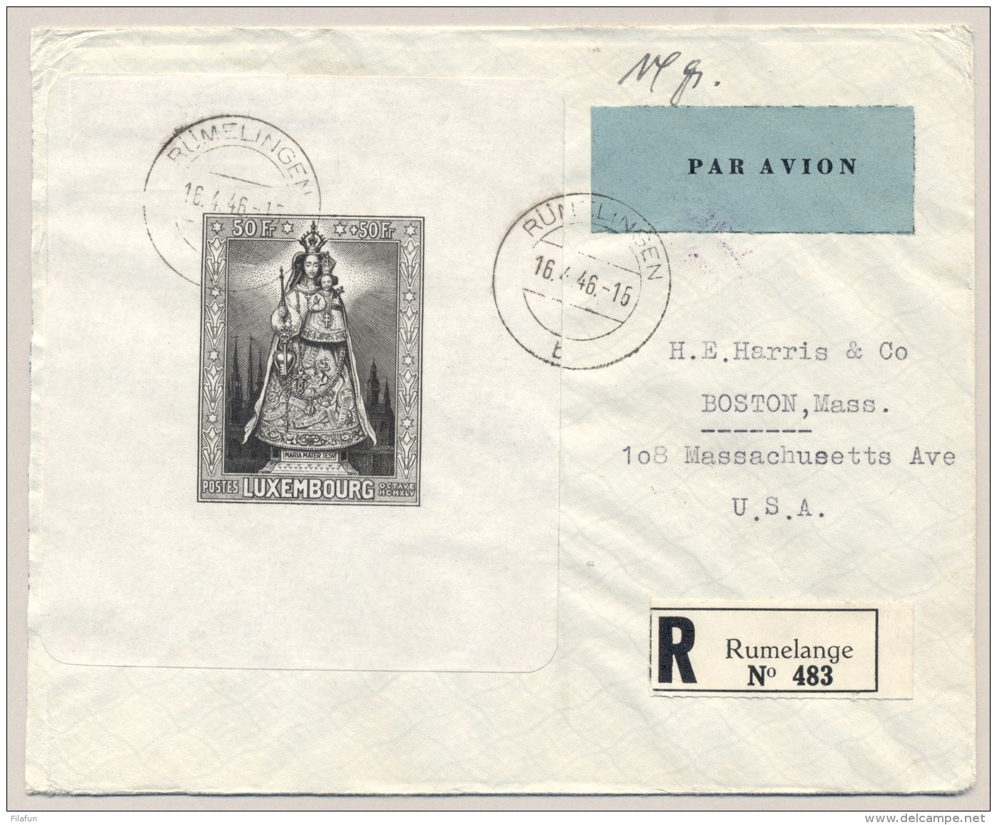 Luxembourg - 1946 - Madonna-block On R-cover From Rumelange By Airmail To Boston / USA - Blokken & Velletjes