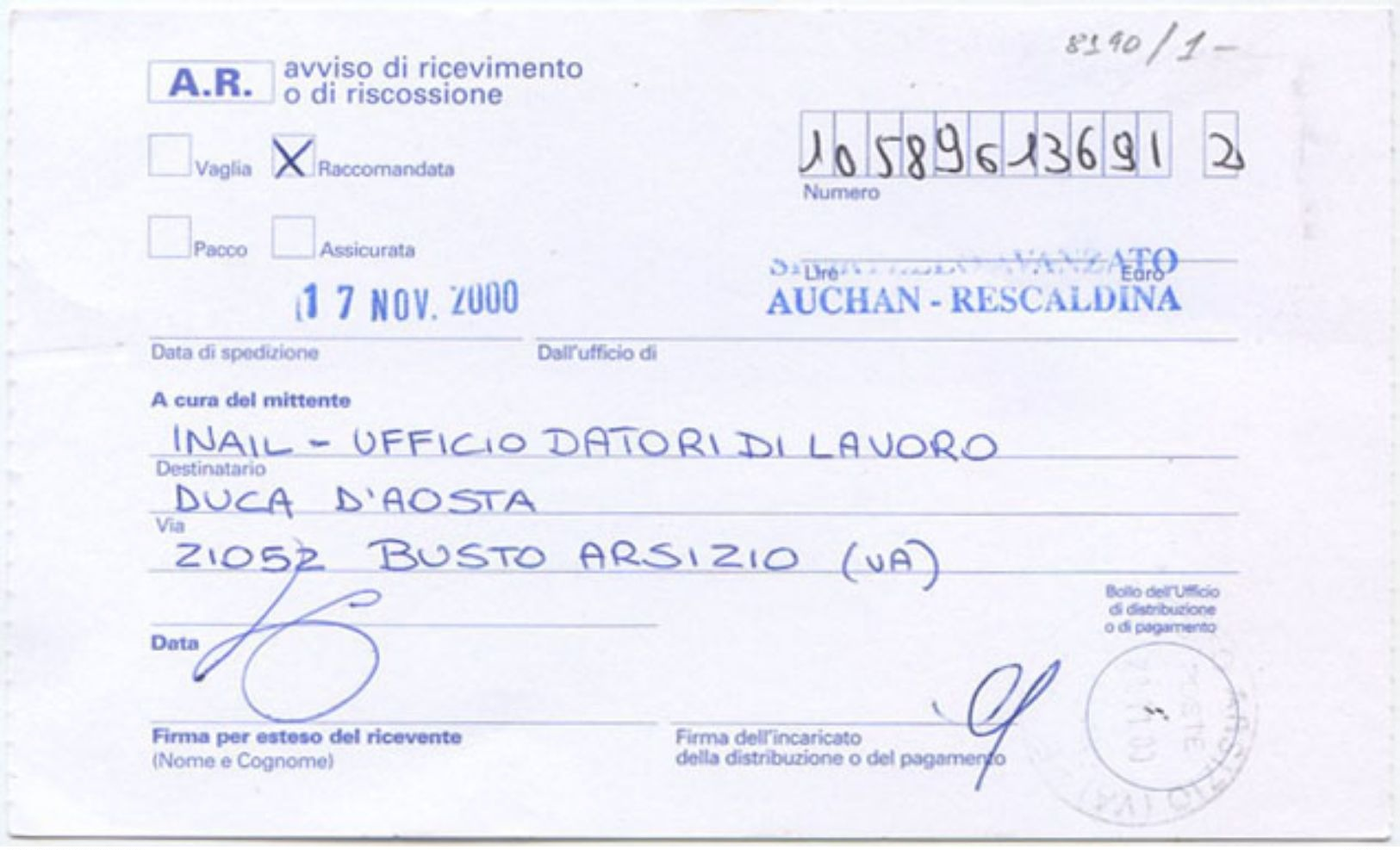 2001 RARO TIMBRO MILANO SPORTELLO AVANZATO AUCHAN RESCALDINA SU AVVISO RICEVIMENTO RACC. 17.11.00 (8190) - 2001-10: Storia Postale