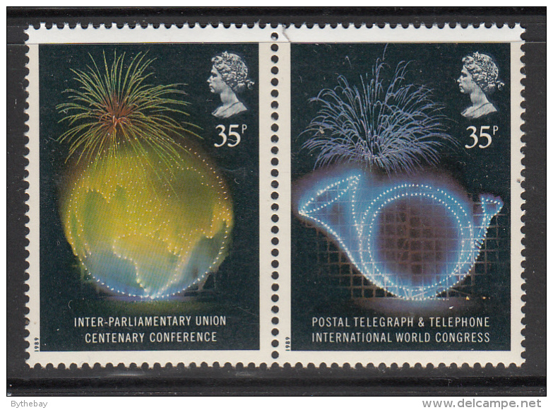 Great Britain 1989 MNH Scott #1255a Pair 35p Posthorn, Globe - Fireworks - Télécom