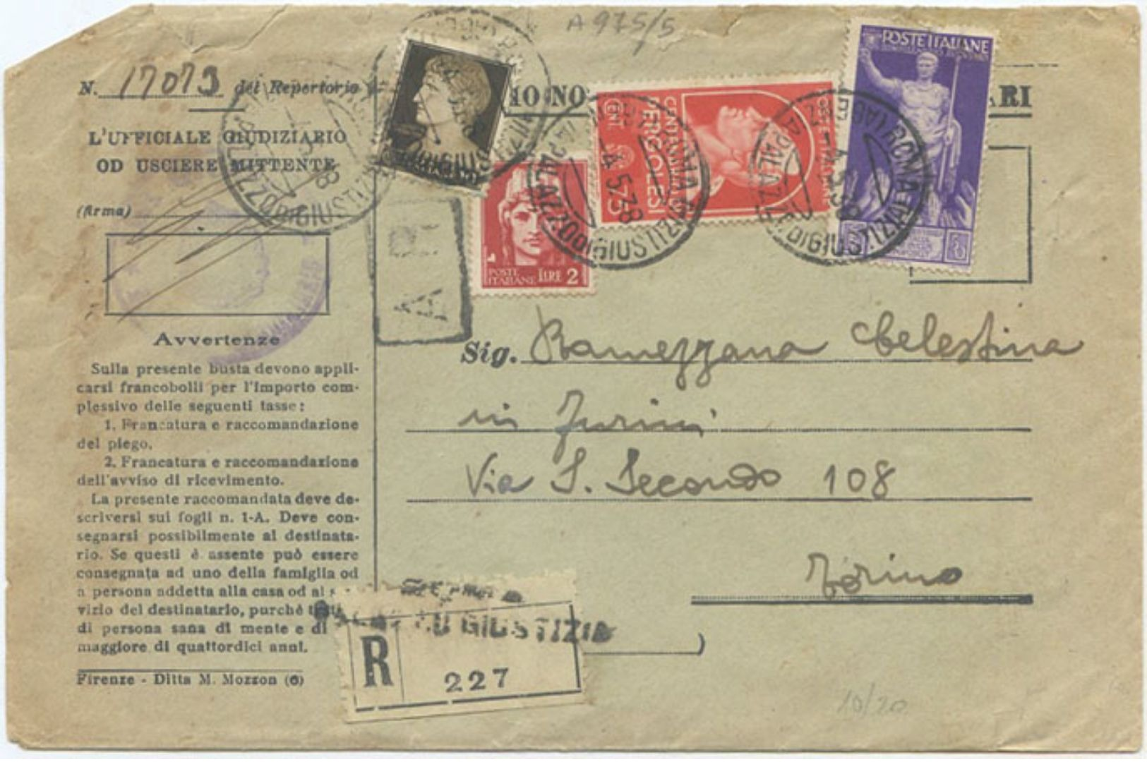 1938 ILLUSTRI C.75 + AUGUSTO C.50 + IMPERIALE C.10 + L.2 SU BUSTA RAC. ATTI GIUDIZIARI 4.5.38 MISTA COMMEMORATIVI (A975) - Marcofilie