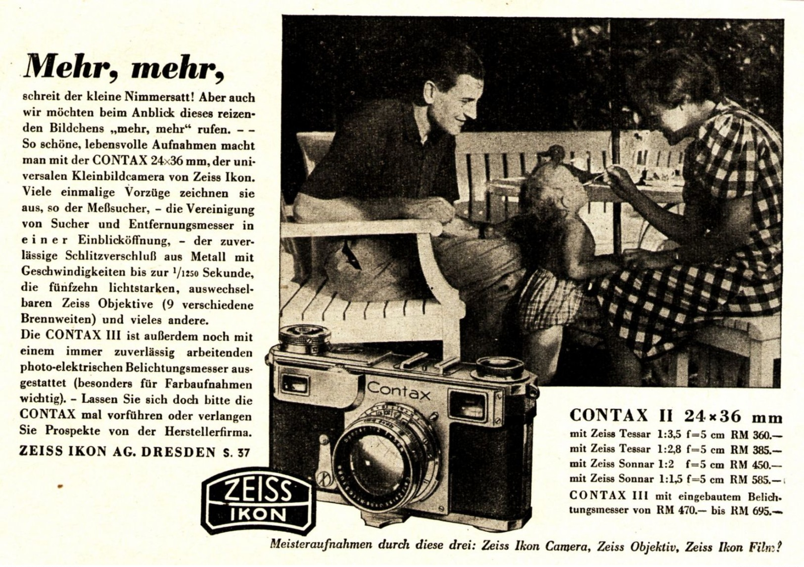 Original-Werbung/ Anzeige 1940 - ZEISS IKON CONTAX II CAMERA - DRESDEN - Ca. 140 X 100 Mm - Advertising