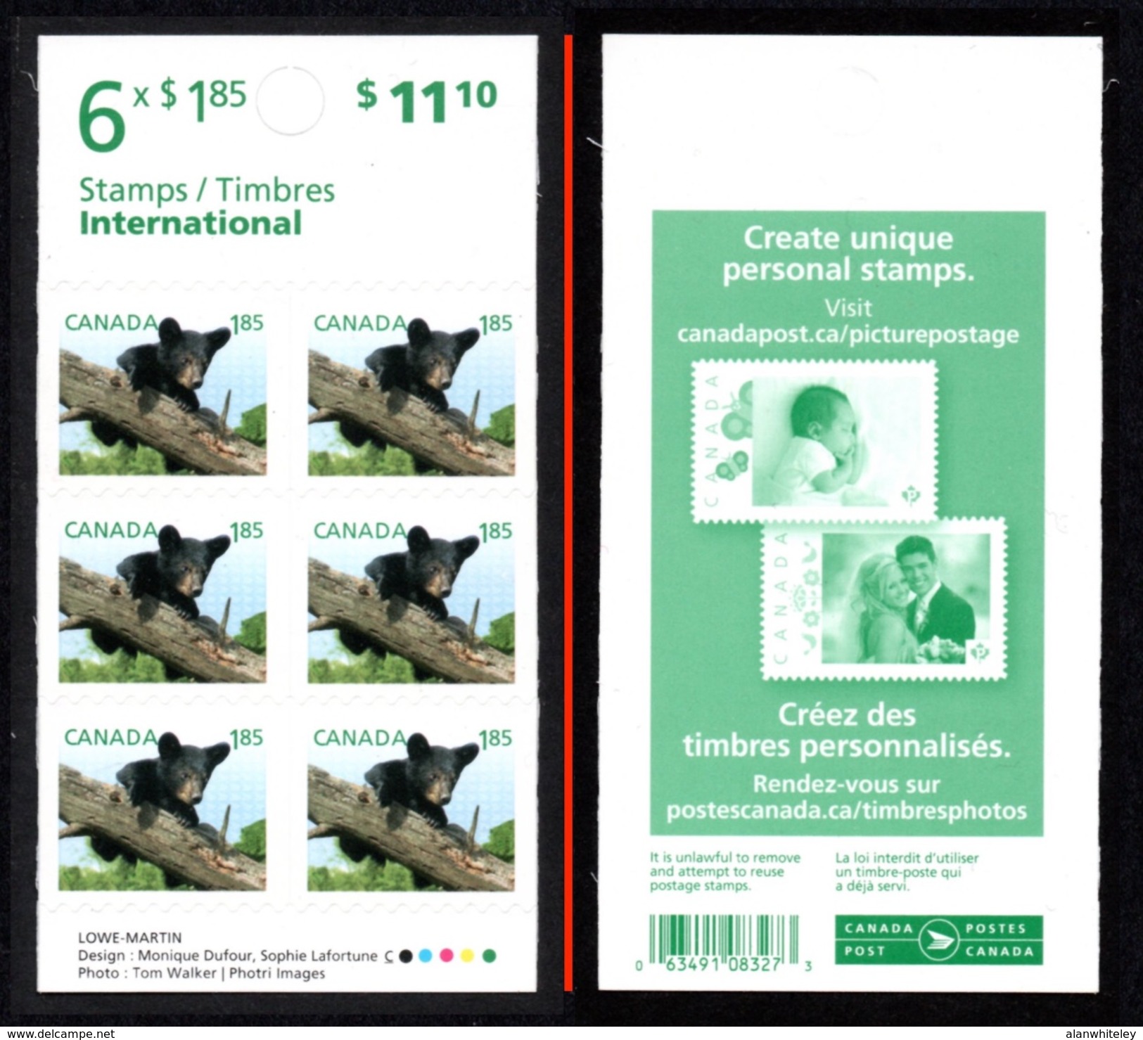 CANADA 2013 Definitives / Young Wildlife / Black Bear S/ADH: Pane Of 6 Stamps (ex Booklet) UM/MNH - Pagine Del Libretto