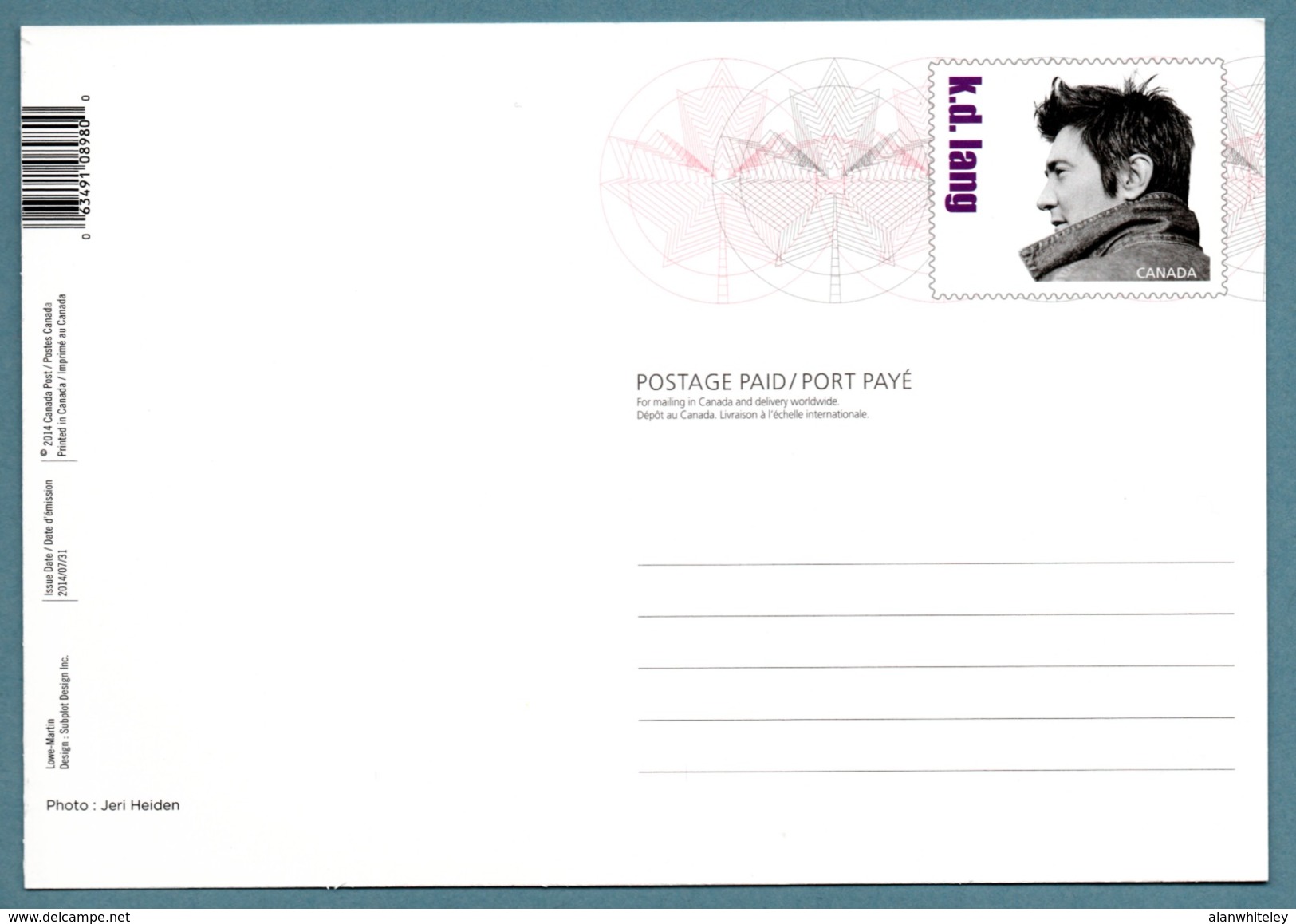 CANADA 2014 Canadian Country Artists / K D Lang: Single Postcard MINT/UNUSED - Post Office Cards