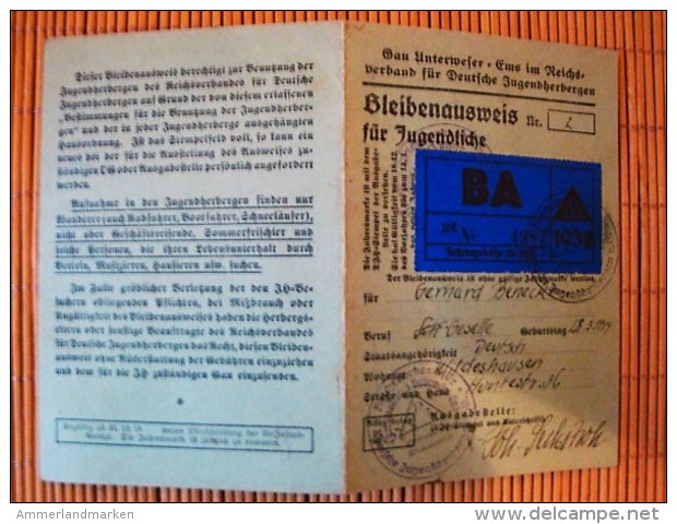 Jugendherbergsausweis, Bleibenausweis Für Jugendliche Gau Unserweser Ems, Reichsverband Für Deutsche Jugendliche Lichtbi - Historische Dokumente