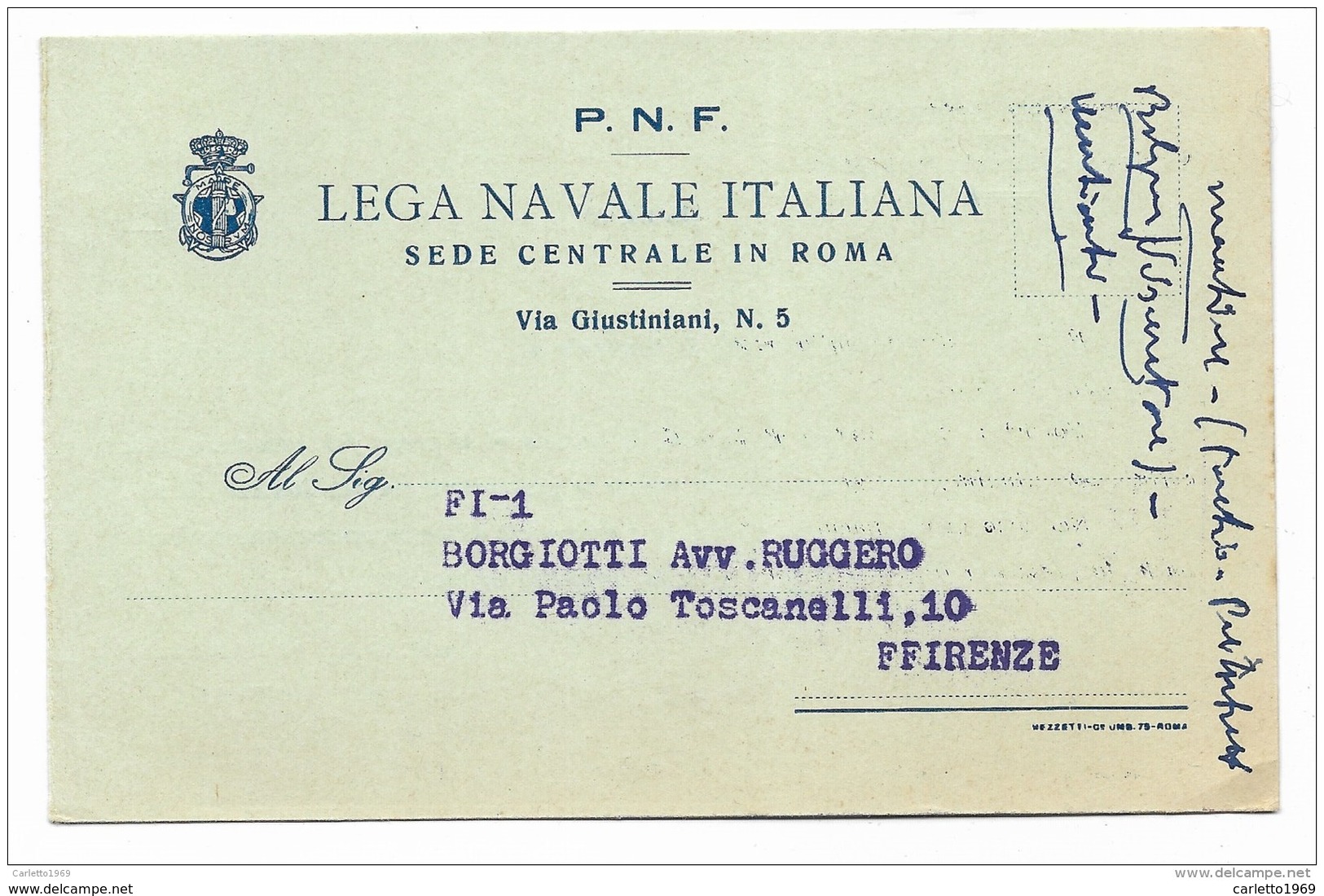 P.N.F. LEGA NAVALE ITALIANA ROMA 1943 - Documenti Storici