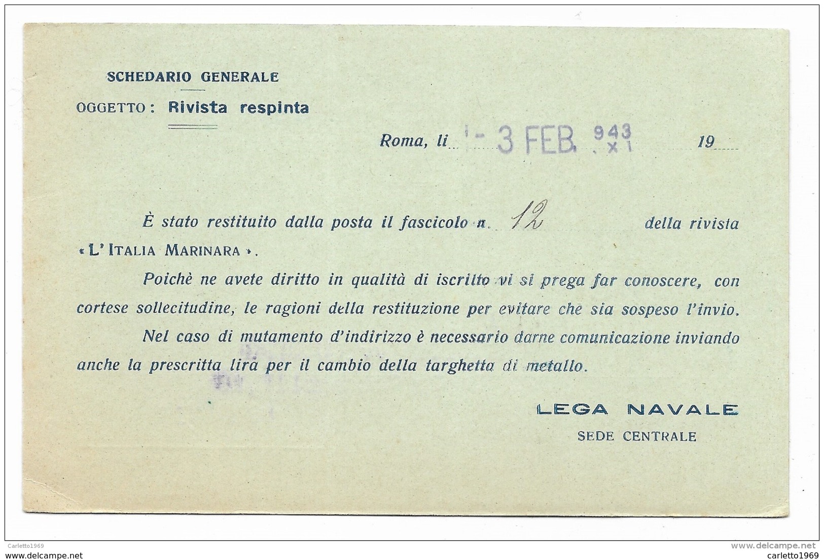 P.N.F. LEGA NAVALE ITALIANA ROMA 1943 - Documenti Storici