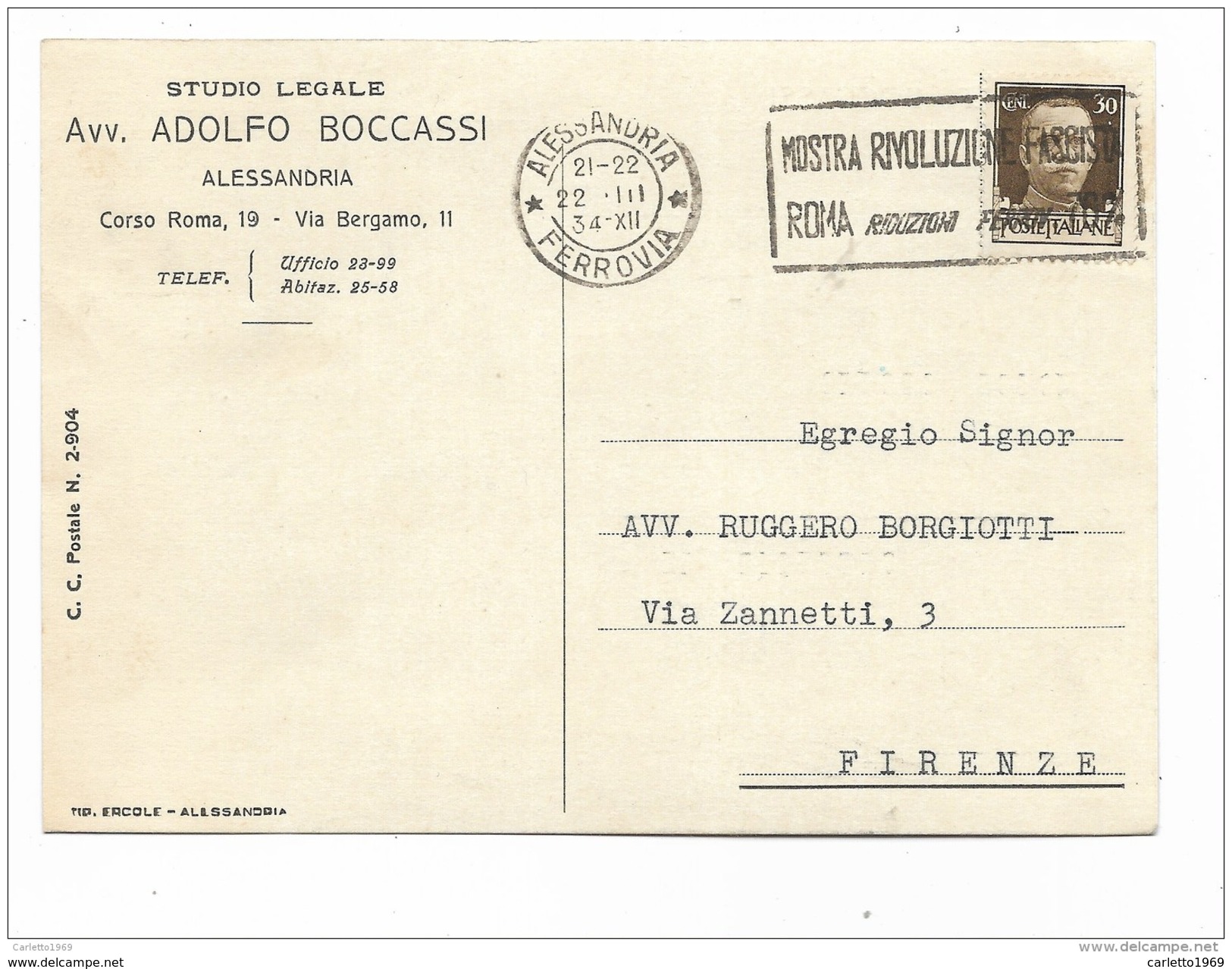 STUDIO LEGALE BOCCASSI ALESSANDRIA 1934 - Documents Historiques
