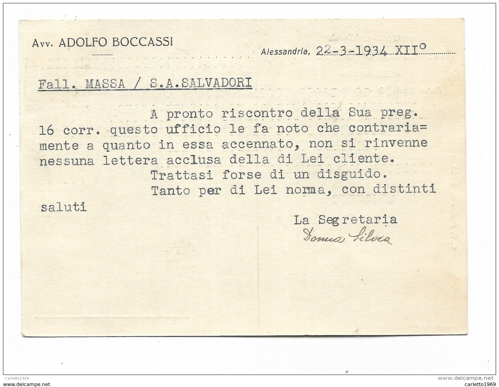 STUDIO LEGALE BOCCASSI ALESSANDRIA 1934 - Historical Documents