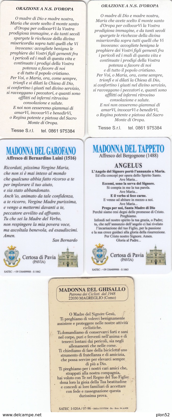 11141-N°. 5 CARDS SANTINI - MADONNA DI OROPA(BIELLA)-MADONNA DEL GAROFANO E DEL TAPPETO(PAVIA)-MADONNA DEL GHISALLO(CO) - Religione & Esoterismo