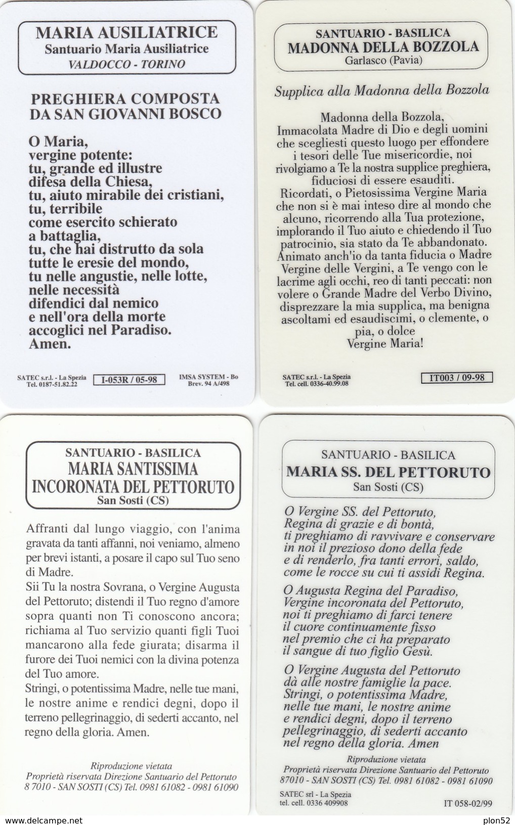 11143-N°. 4 CARDS SANTINI - SANTUARI MARIA AUSILIATRICE(TO)-MADONNA DELLA BOZZOLA(PV)-MARIA SS. DEL PETTORUTO(CS) - Religion & Esotericism