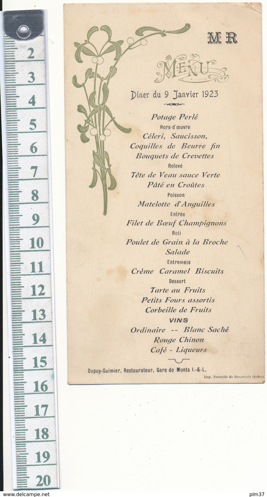 Menu - Diner 1923 - Monts, Indre Et Loire - Menus