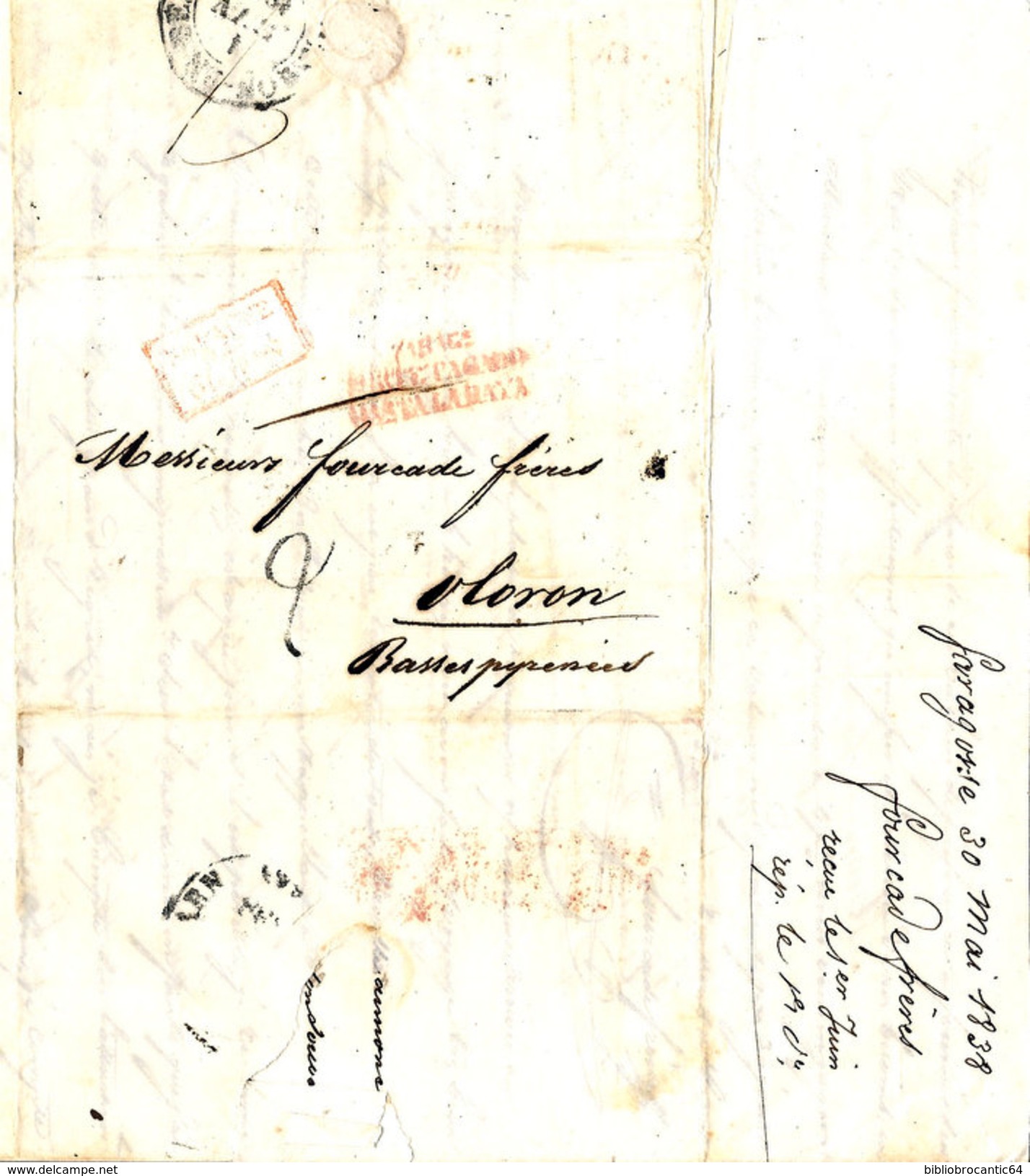 LETTRE ANCIENNE 1838 - MARQUE POSTALE < ZARAGOZA  < OLORON (Basses Pyrénées) - Non Classés