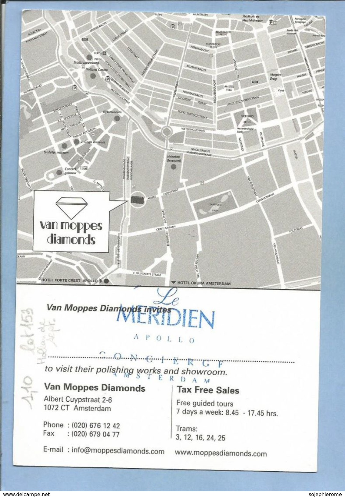 Amsterdam Van Moppes Diamonds Albert Cuypstraat 2-6 Le Meridien Apollo Concierge 2 Scans - Visitekaartjes