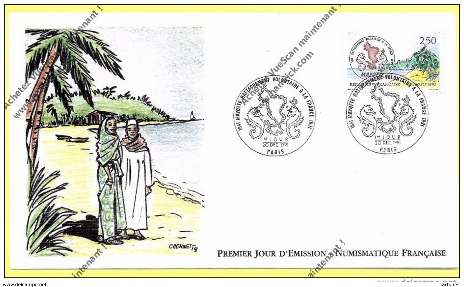 FDC FRANCE 20/12/1991 1841 MAYOTTE RATTACHEMENT VOLONTAIRE A LA FRANCE - 1990-1999