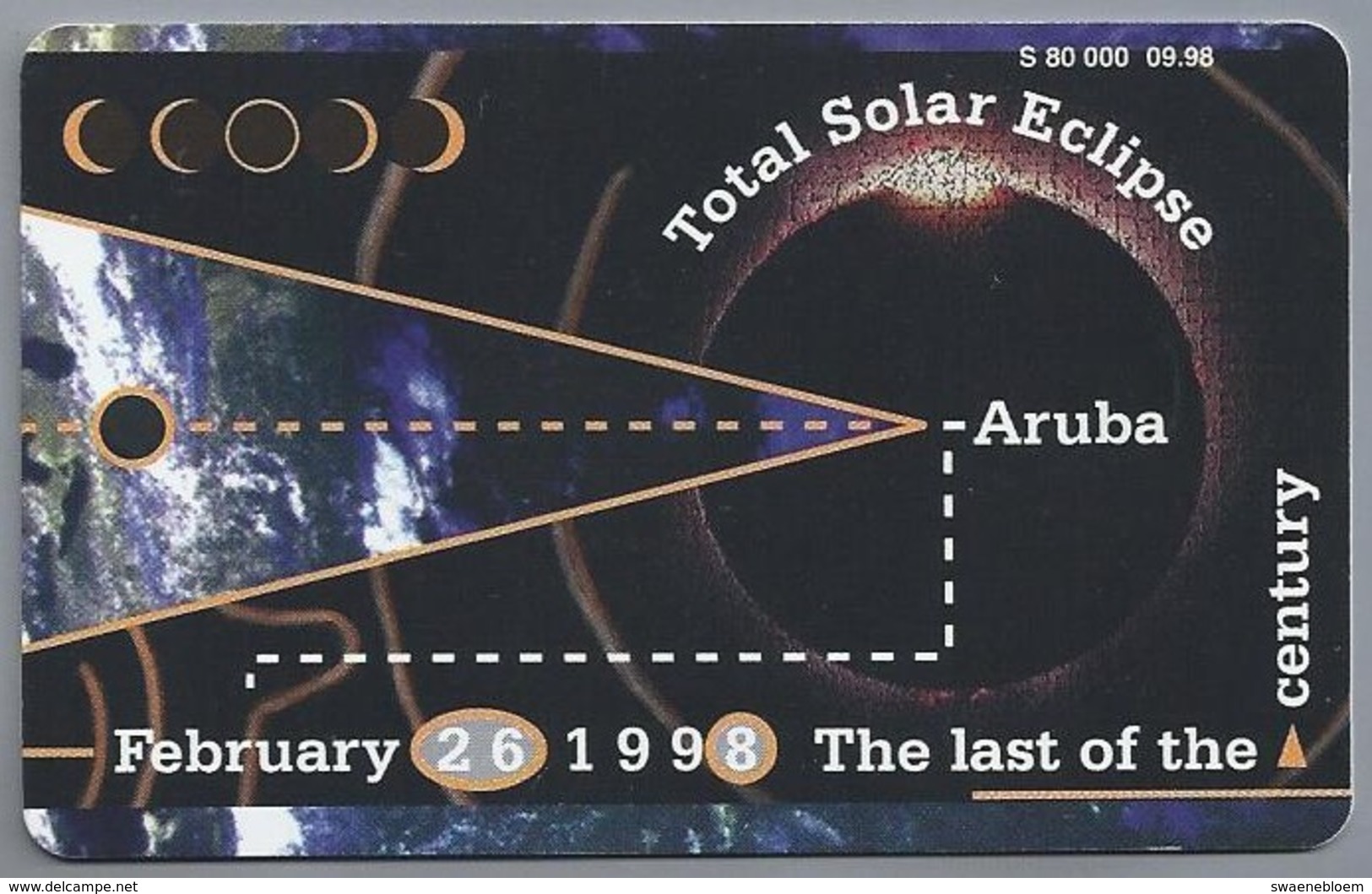 Telefoonkaart. Setarnet. The Last Of The Century. Total Solar Eclipse . Aruba - February 26, 1998. 60 Units. 2 Scans. - Aruba