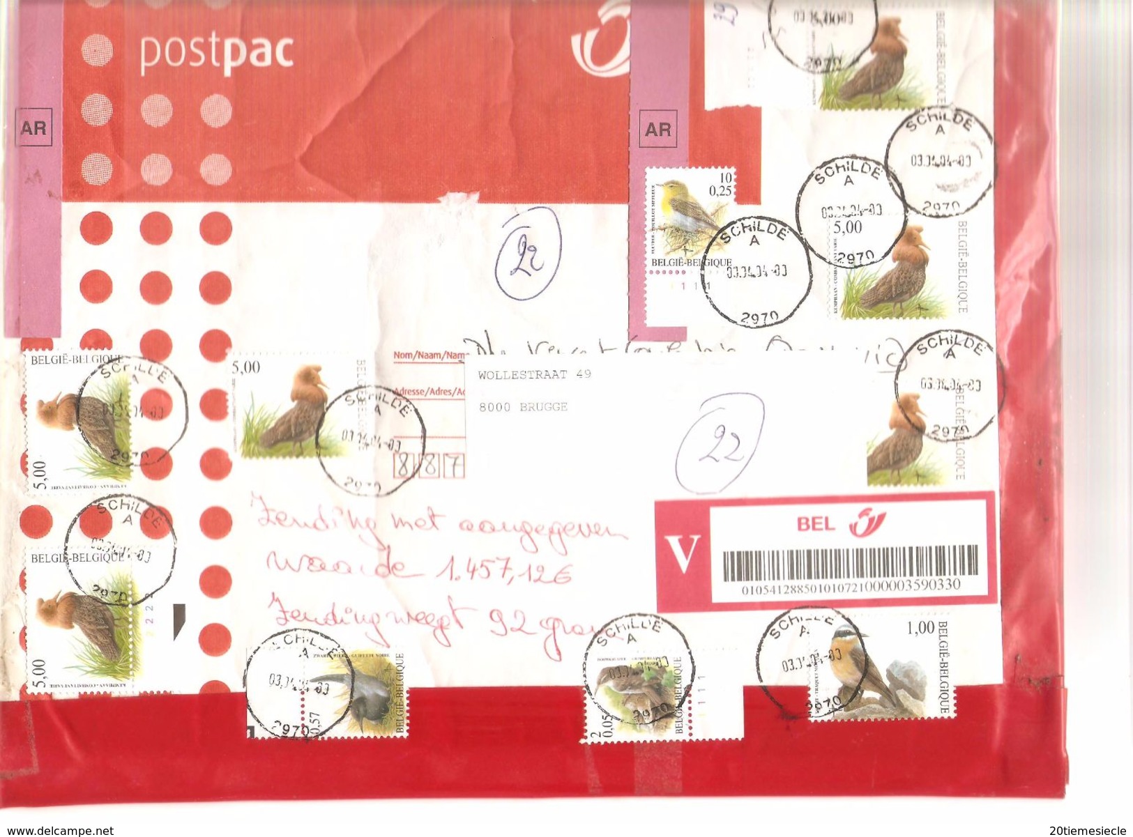 TP 3538(6)-3136-2919-3138-2936 Oiseaux Buzin Postpac Assurée AR 1457,12 € C.Schilde 3/4/04 V.Izegem Redirigée V.Brugge - Lettres & Documents