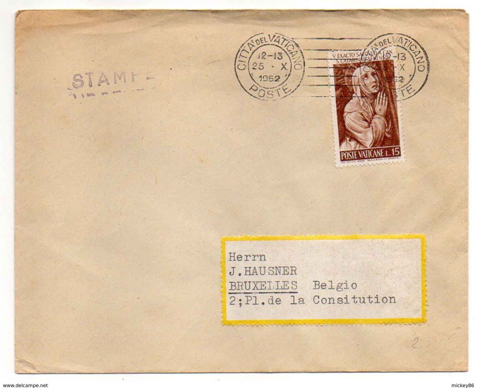 VATICAN-1952-Lettre Destination De BRUXELLES (Belgique)-Joli Timbre (Ste Catherine)seul Sur Lettre-beau Cachet Mécanique - Brieven En Documenten