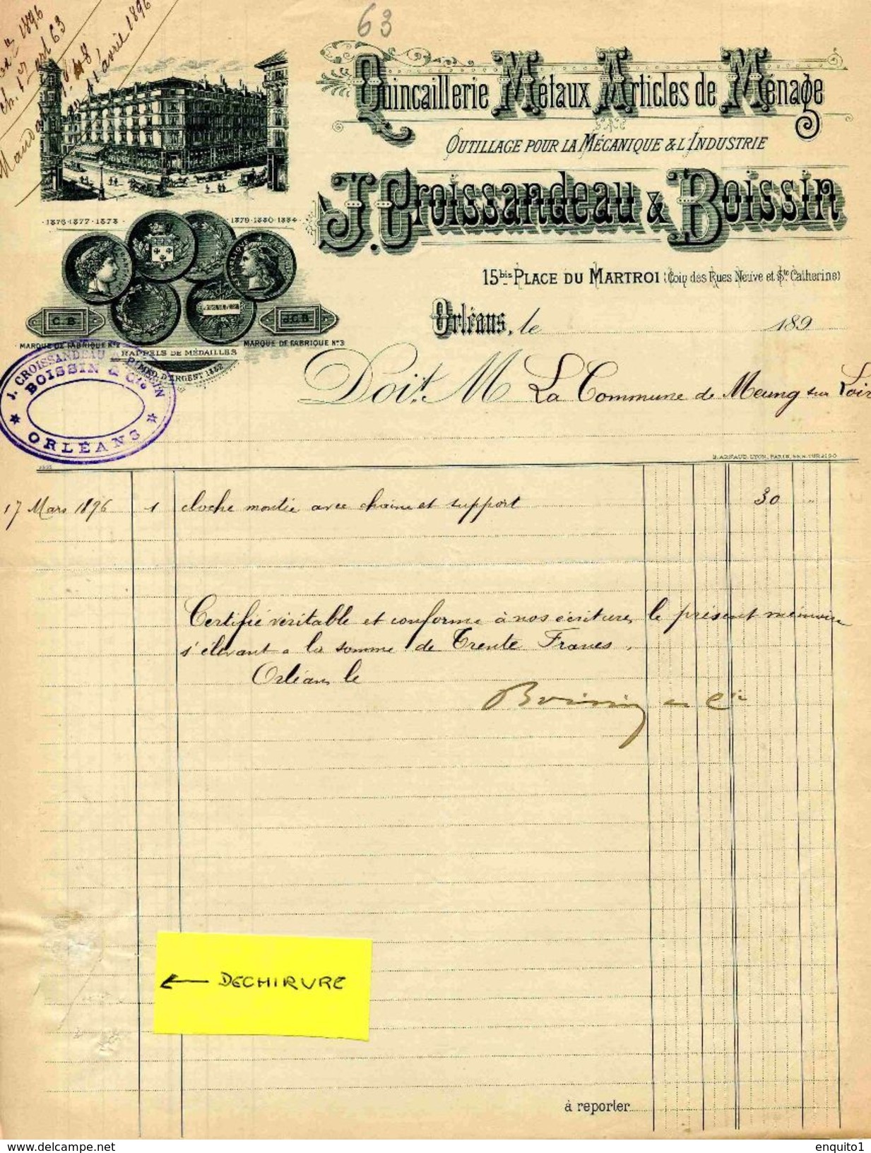 Quincaillerie, Articles De Ménage, Maison CROISSANDEAU Et BOISSIN, Place Du Martroi, ORLEANS, 1896 - Otros & Sin Clasificación