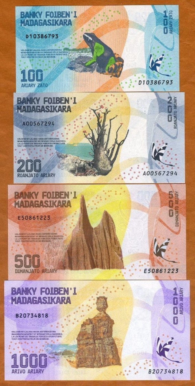 SET Madagascar, 100;200;500;1000 Ariary, 2017 P-New UNC > Completely Redesigned - Madagascar