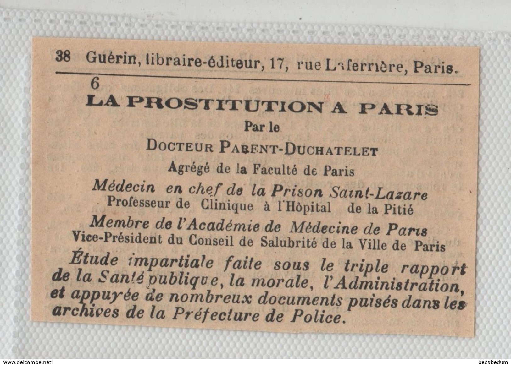 Maison Guérin Rue Laferrière Paris La Prostitution à Paris Docteur Parent Duchatelet - Ohne Zuordnung