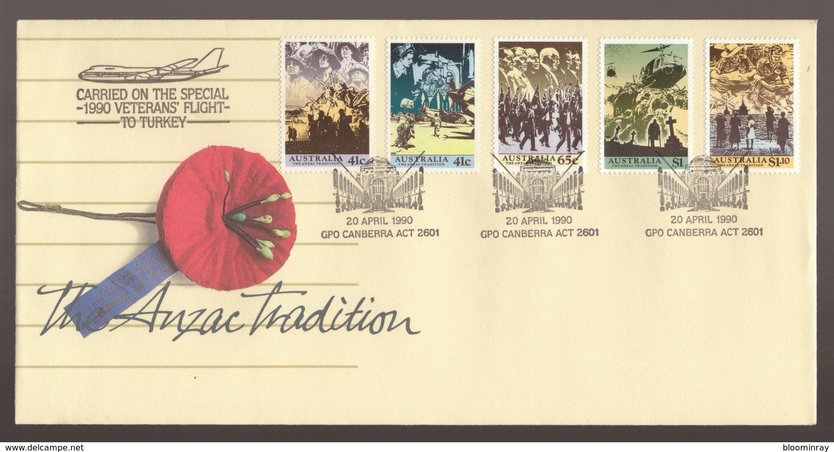 1990 The ANZAC Tradition With Canberra War Memorial Cancelled FDC- Veterans Flight To Turkey - Premiers Jours (FDC)