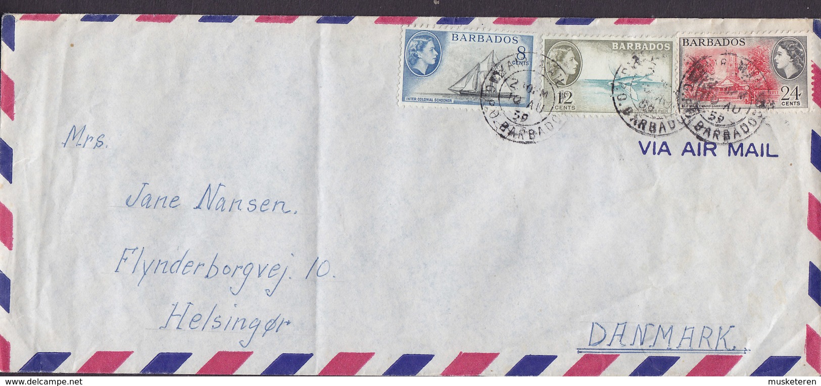 Barbados Air Mail BARBADOS 1959 Cover Brief Denmark 3-Colour Franking M/S 'Fanny Scarlett' Netherland Steamship Co. ! - Barbades (...-1966)