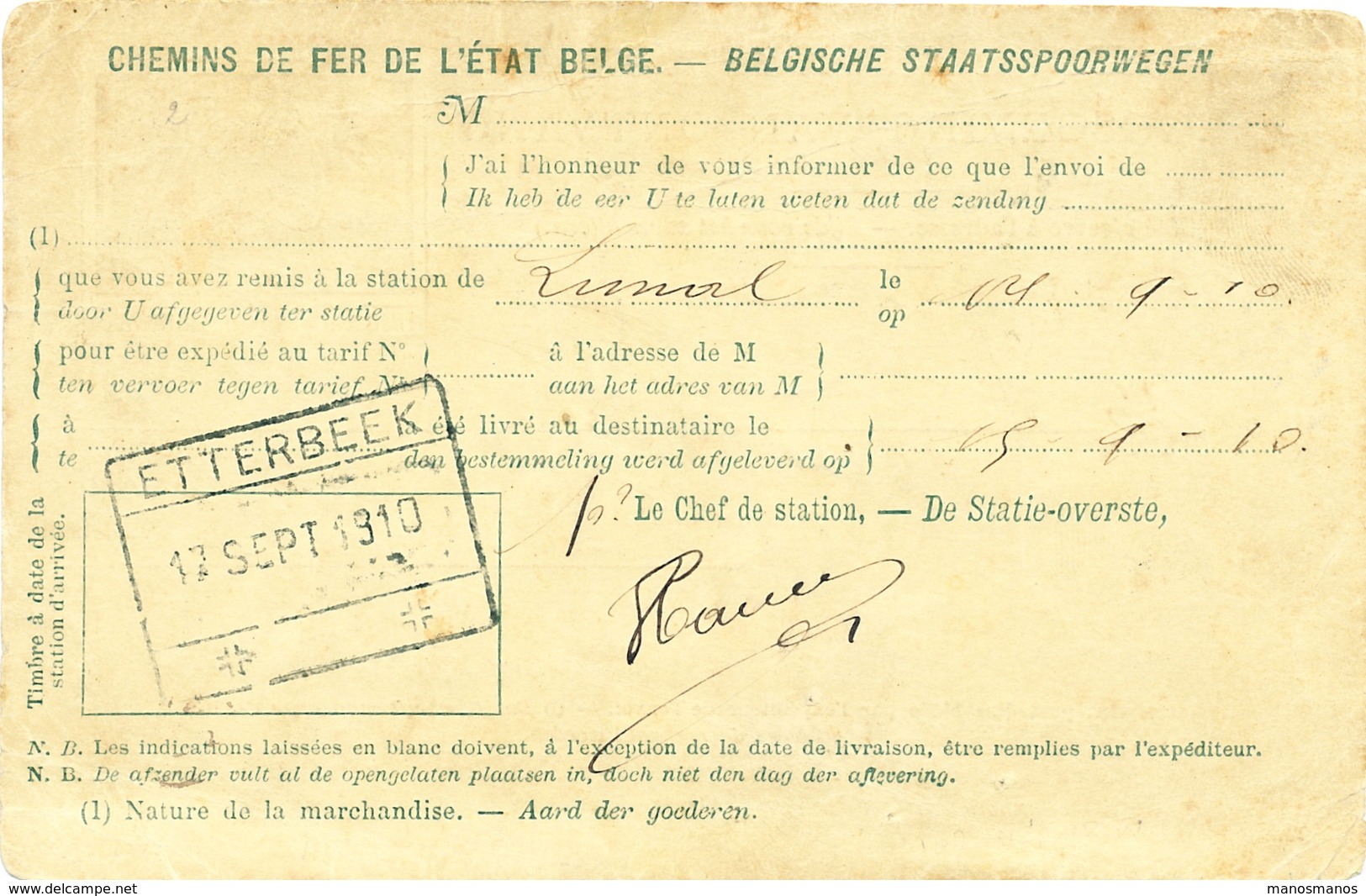 734/25 - Chemins De Fer AVIS DE RECEPTION Gare D' ETTERBEEK 1910 Vers LIMAL - Other & Unclassified