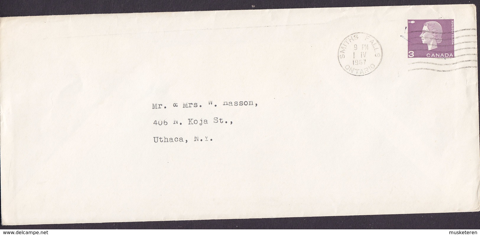 Canada Postal Stationery Ganzsache Entier 3 C Elizabeth SMITHS FALLS Ontario 1967 UTHACA USA (2 Scans) - 1953-.... Reign Of Elizabeth II