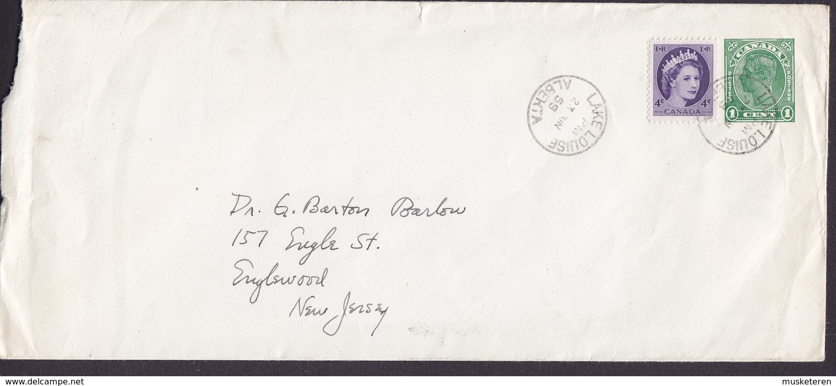 Canada Uprated Postal Stationery Ganzsache Entier 1c. GVI LAKE LOUISE Alberta 1958 ENGLEWOOD USA - 1903-1954 Kings