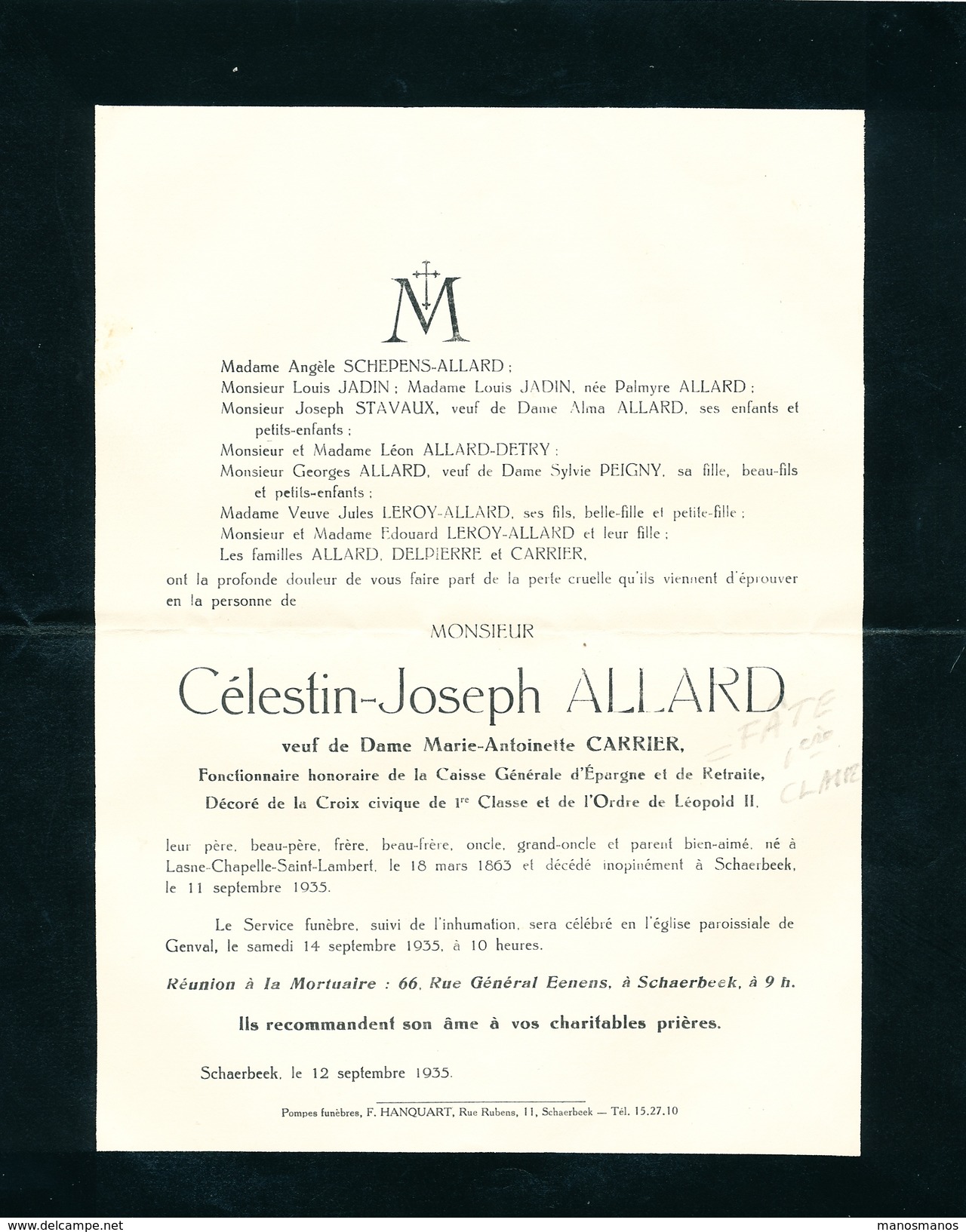 739/25 - Faire-Part IMPRIME En EXPRES (RARE) TP Mercure Et Expo BRUXELLES 1935 - Famille Allard à SCHAERBEEK - 1932 Cérès Et Mercure