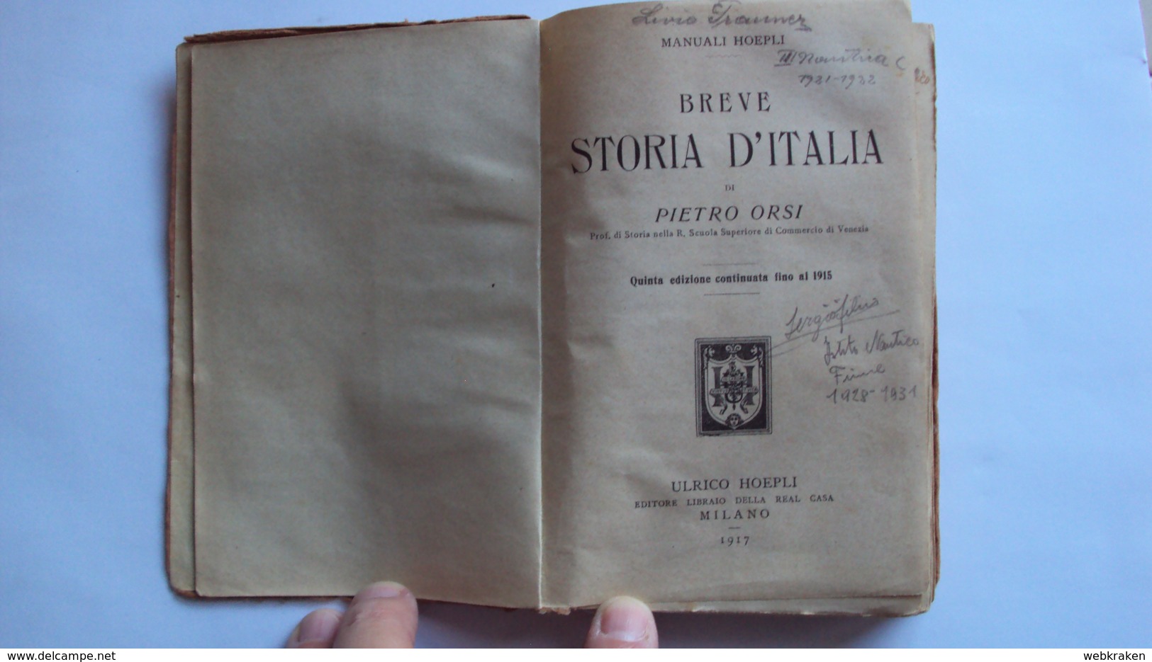 LIBRO PIETRO ORSI BREVE STORIA D'ITALIA MANUALI HOEPLI, 1917 - Sonstige & Ohne Zuordnung