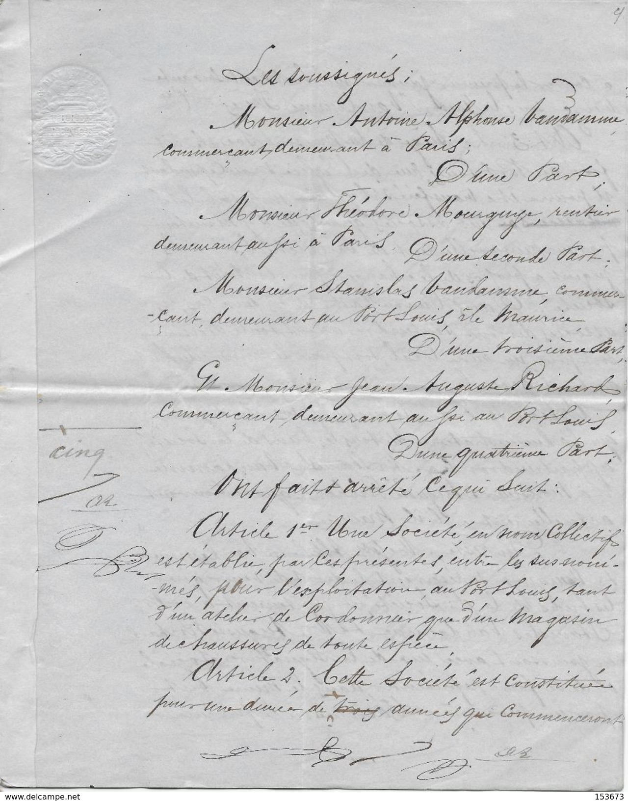 Acte Papier Timbré Fiscal "THREE PENCE MAURICIUS" 1873 Création Port-Louis (Ile Maurice) Atelier Cordonnier, Mag. Chauss - Historical Documents