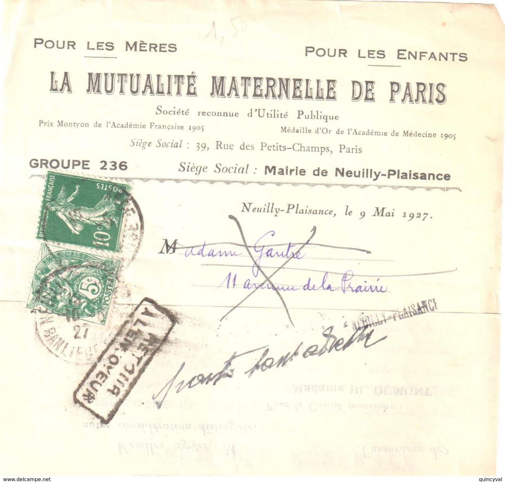 4220 NEUILLY PLAISANCE Banlieue Mutualité Maternelle Paris Retour Envoyeur Ob 16 5 1927 5c Blanc 10c Semeuse Yv 111 159 - Briefe U. Dokumente