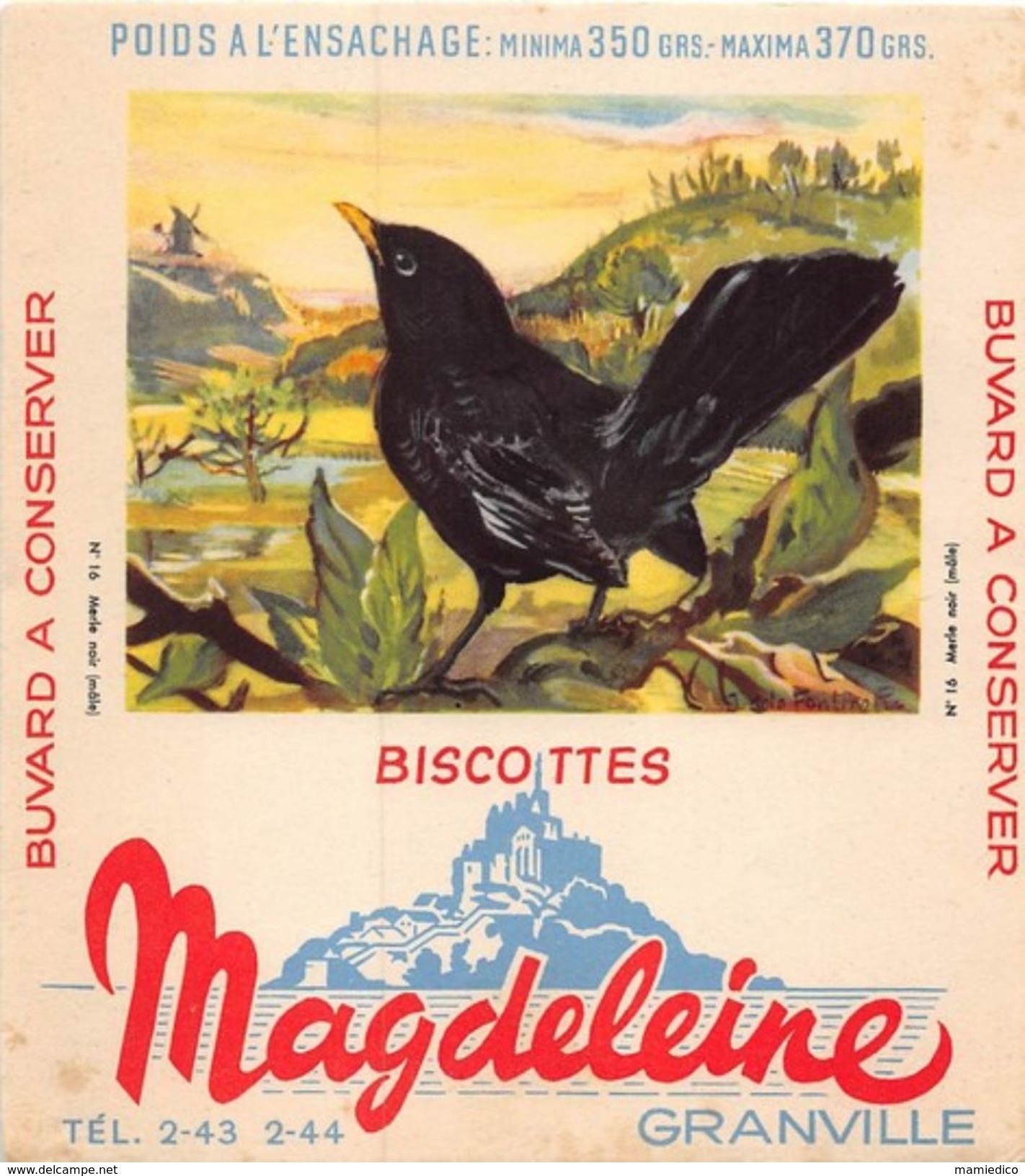 6 Buvards Biscottes MAGDELEINE OISEAUX (Mésanges-Canards Col Vert- Merle Noir-Traquet Pâtre- Martin Pêcheur-Chouette) - Animals