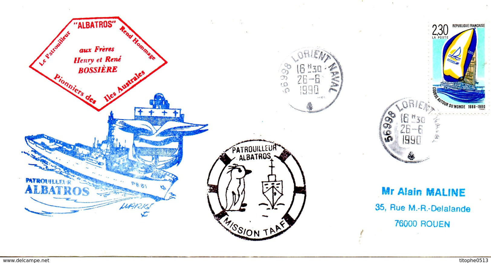 FRANCE. Enveloppe Commémorative Ayant Circulé En 1990. Le Patrouilleur "Albatros"/Frères Bossière. - Navires & Brise-glace