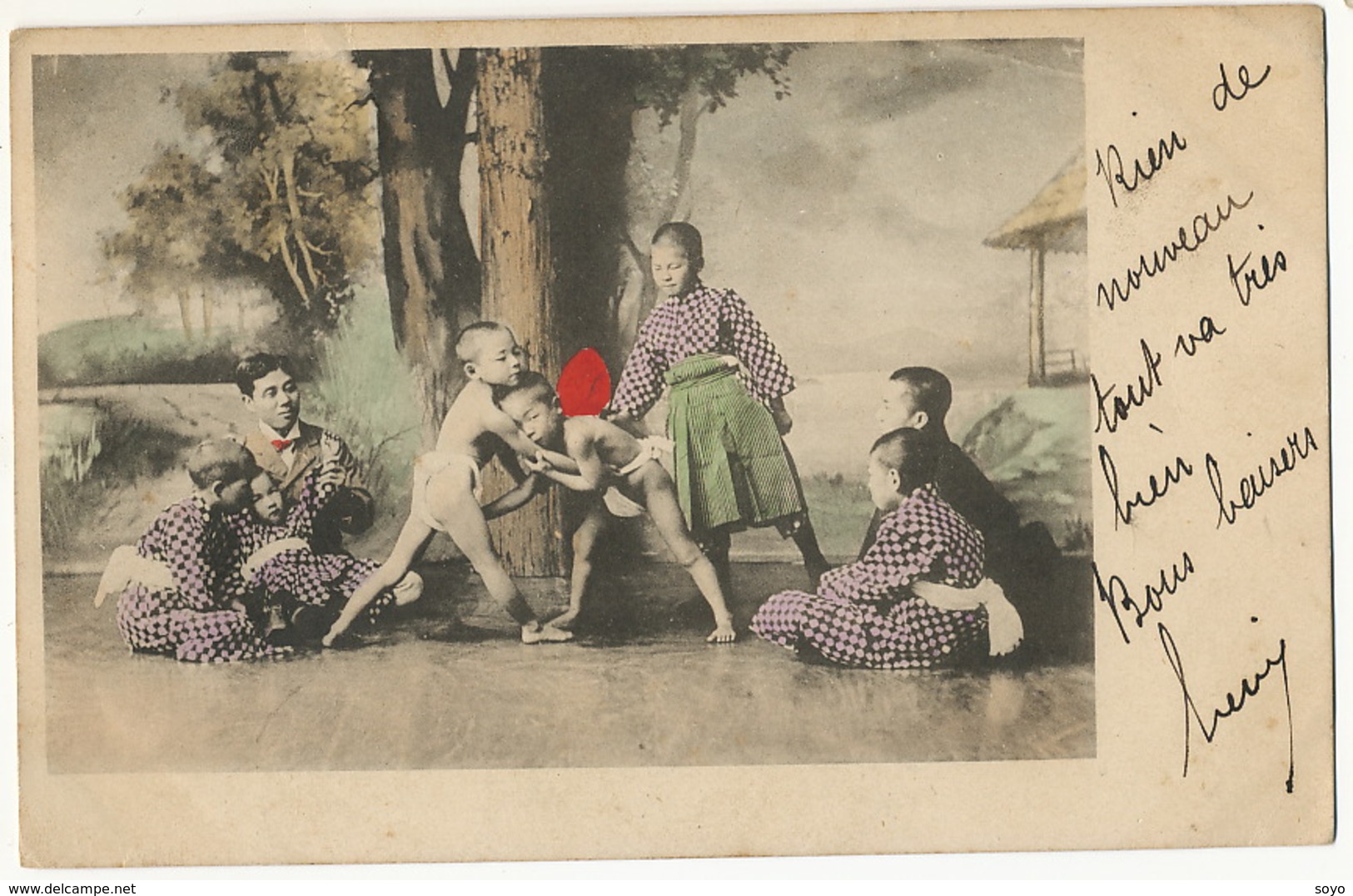 Lutte Wrestling Jeune Enfants Nus Au Japon Hand Colored Sumo P. Used Shanghai Type Blanc Chine Bureau Français - Worstelen