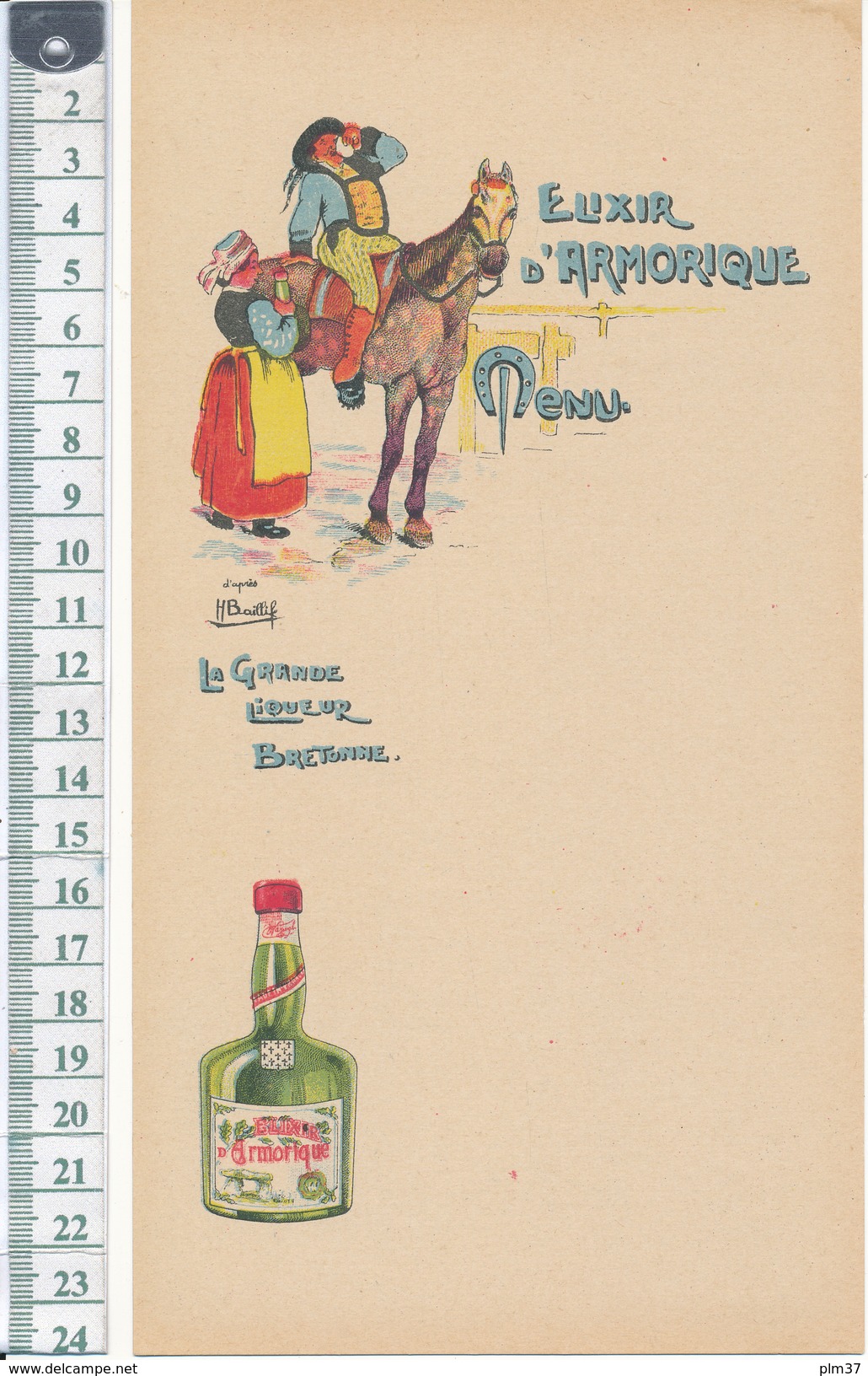 MENU Vierge - Elixir D'Armorique, La Grande Liqueur Bretonne - Illustration H. Baillif - Menus