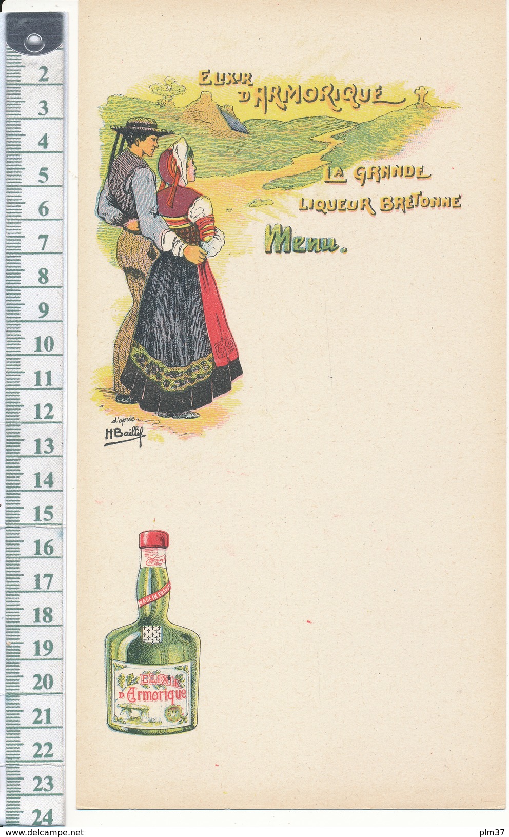 MENU Vierge - Elixir D'Armorique, La Grande Liqueur Bretonne - Illustration H. Baillif - Menus