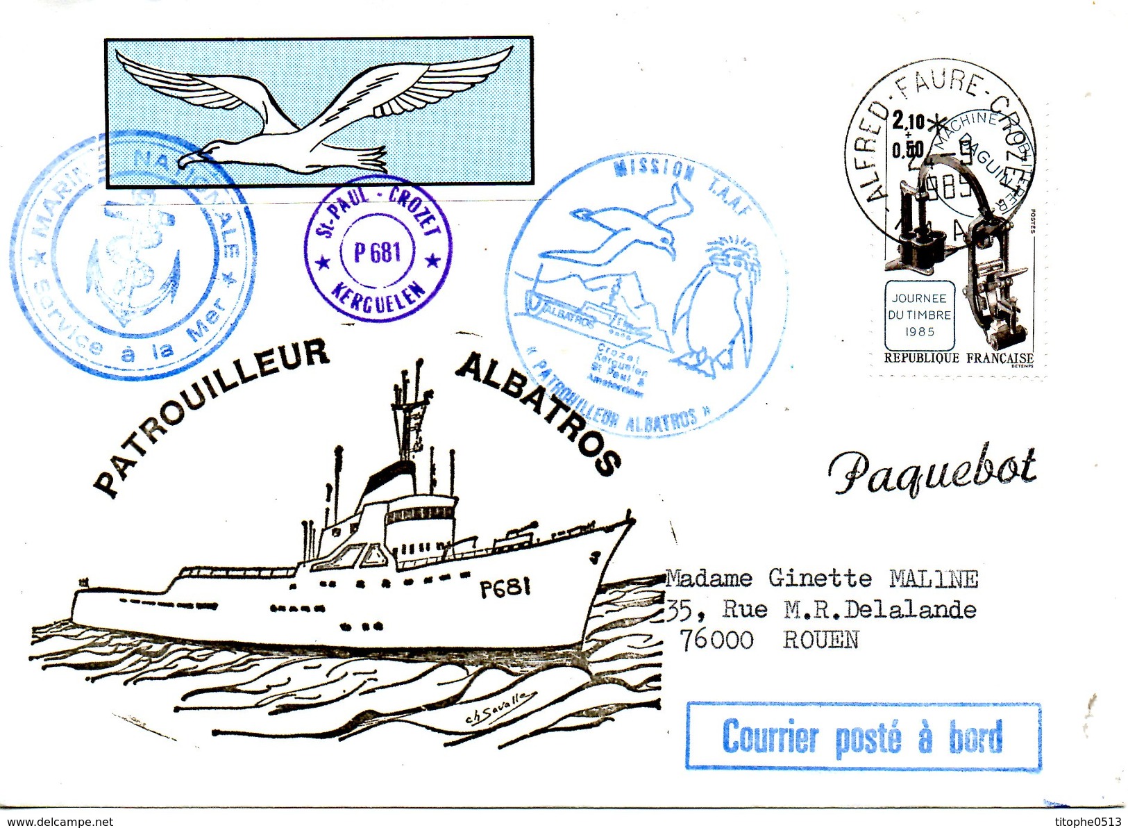 FRANCE. Enveloppe Commémorative Ayant Circulé En 1985. Le Patrouilleur "Albatros". Oblitération Alfred Faure - Crozet. - Navires & Brise-glace