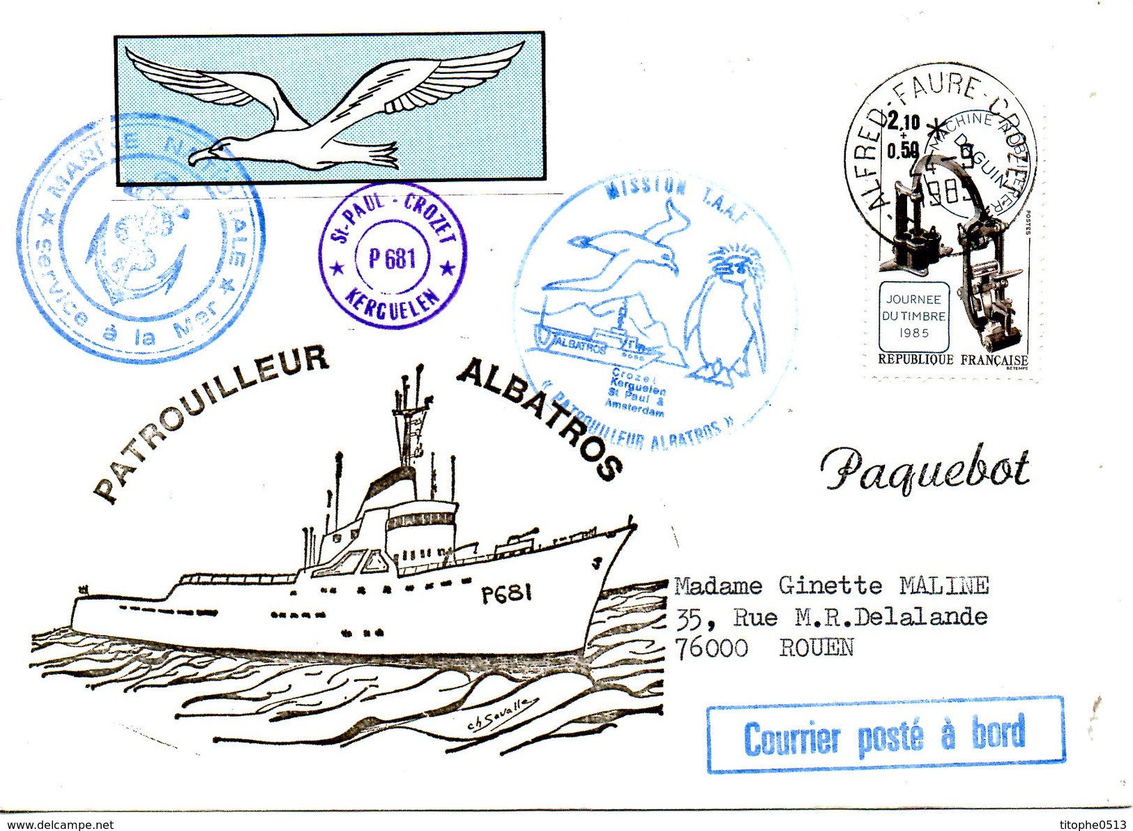 FRANCE. Enveloppe Commémorative Ayant Circulé En 1985. Le Patrouilleur "Albatros". Oblitération Alfred Faure - Crozet. - Barcos Polares Y Rompehielos