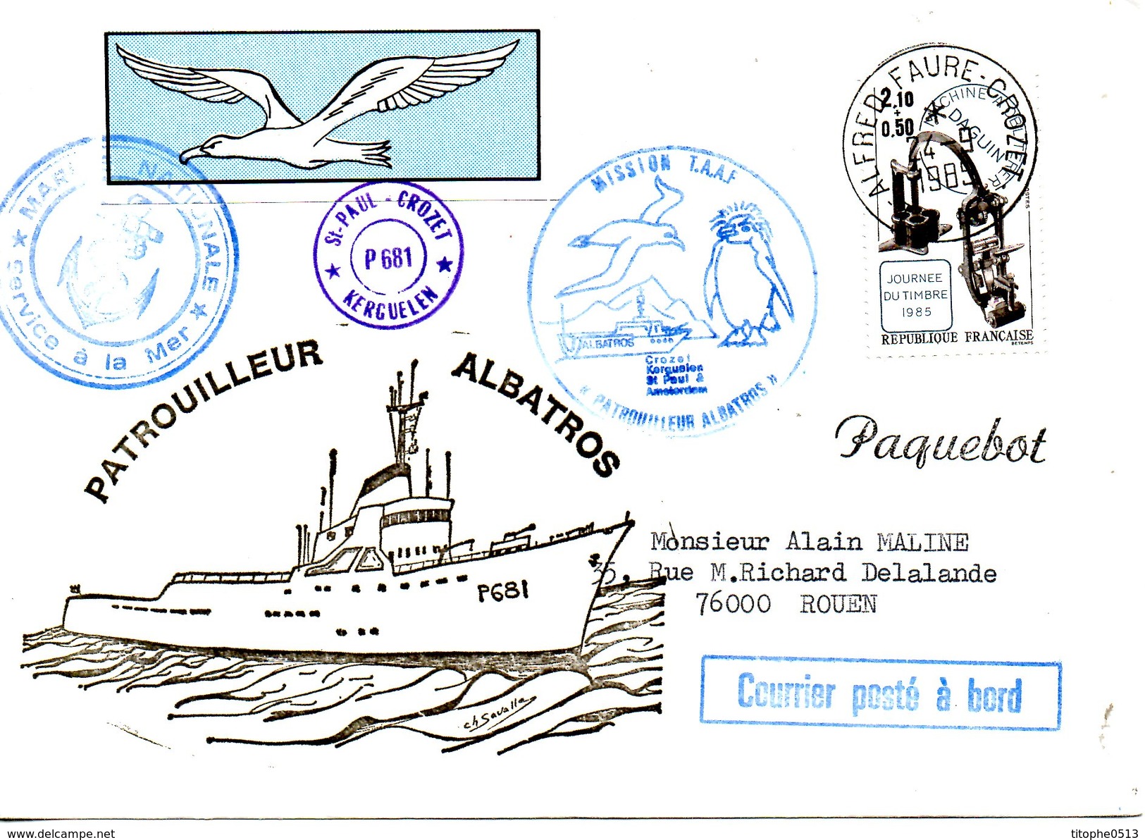 FRANCE. Enveloppe Commémorative Ayant Circulé En 1985. Le Patrouilleur "Albatros". Oblitération Alfred Faure - Crozet. - Poolshepen & Ijsbrekers