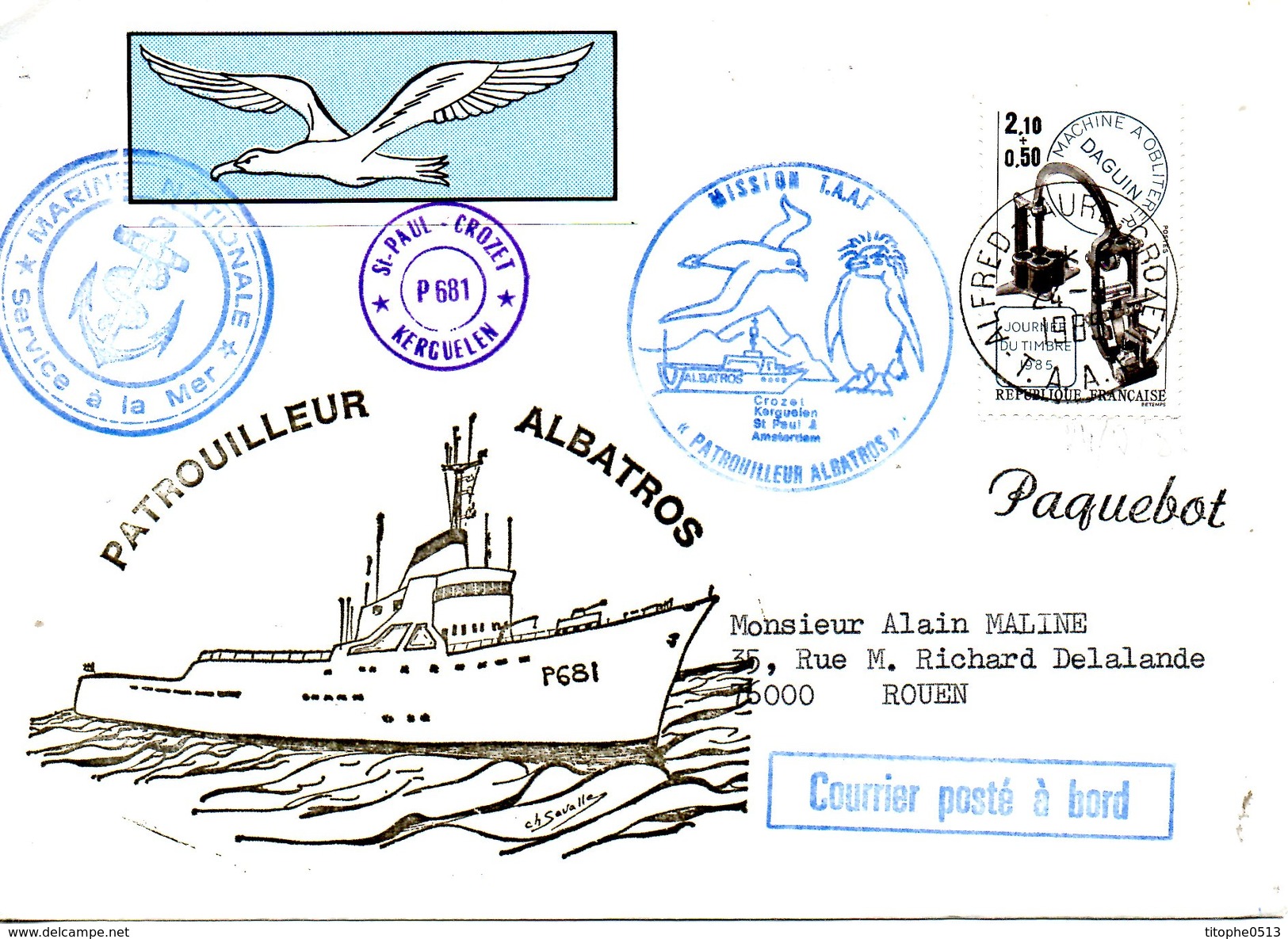 FRANCE. Enveloppe Commémorative Ayant Circulé En 1985. Le Patrouilleur "Albatros". Oblitération Alfred Faure - Crozet. - Poolshepen & Ijsbrekers