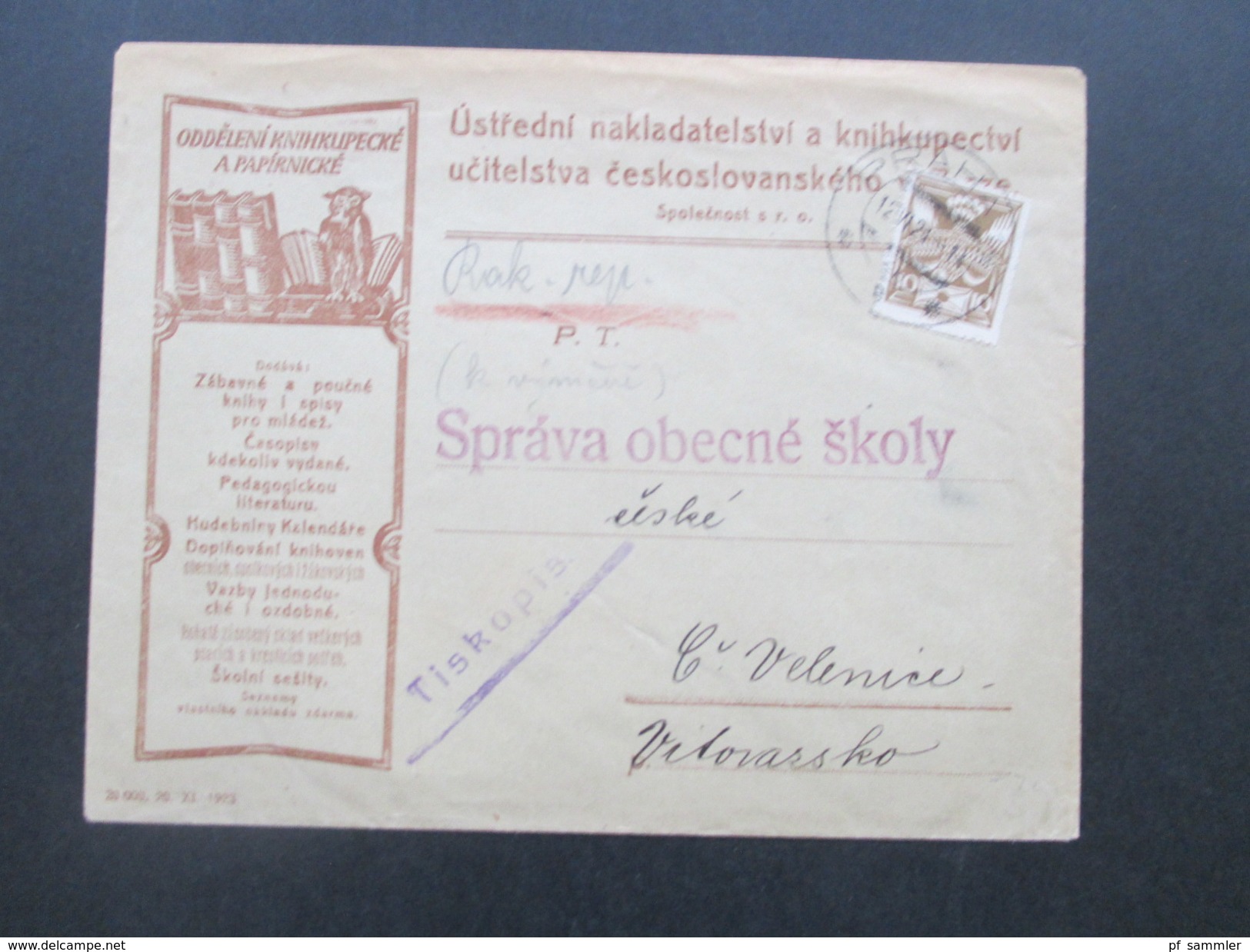 Tschechoslowakei 1924 Tiskopis. Oddeleni Knihkupecke A Papirnicke. Eule / Bücher. Buchhandlung?! - Brieven En Documenten