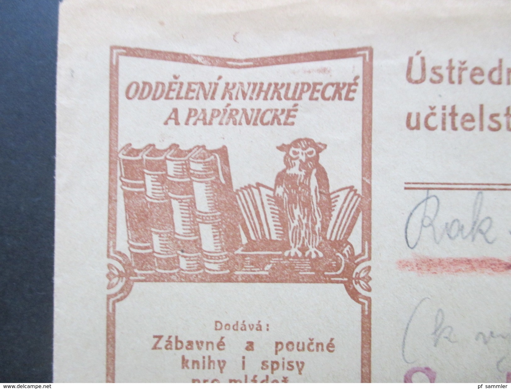 Tschechoslowakei 1924 Tiskopis. Oddeleni Knihkupecke A Papirnicke. Eule / Bücher. Buchhandlung?! - Brieven En Documenten