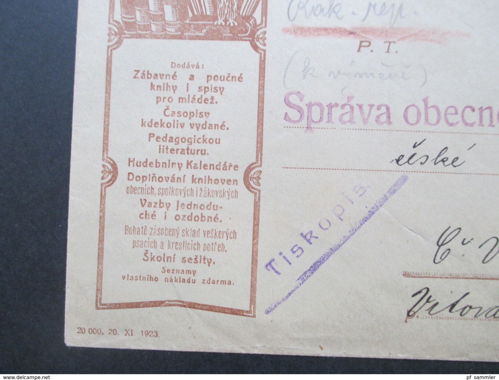 Tschechoslowakei 1924 Tiskopis. Oddeleni Knihkupecke A Papirnicke. Eule / Bücher. Buchhandlung?! - Cartas & Documentos