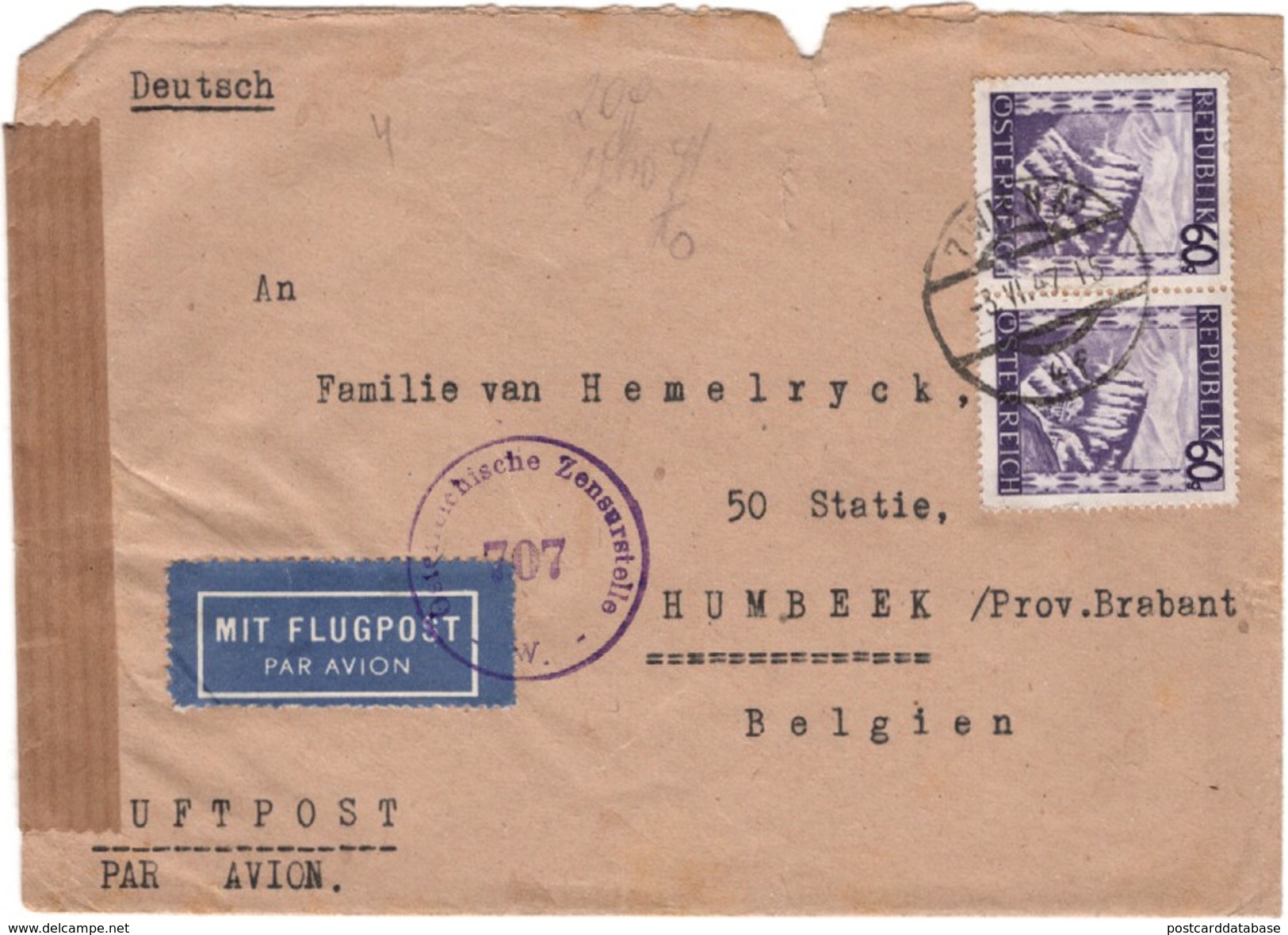 Wien 1947 - Osterreichische Zensurstelle 707 - Envelope - Storia Postale